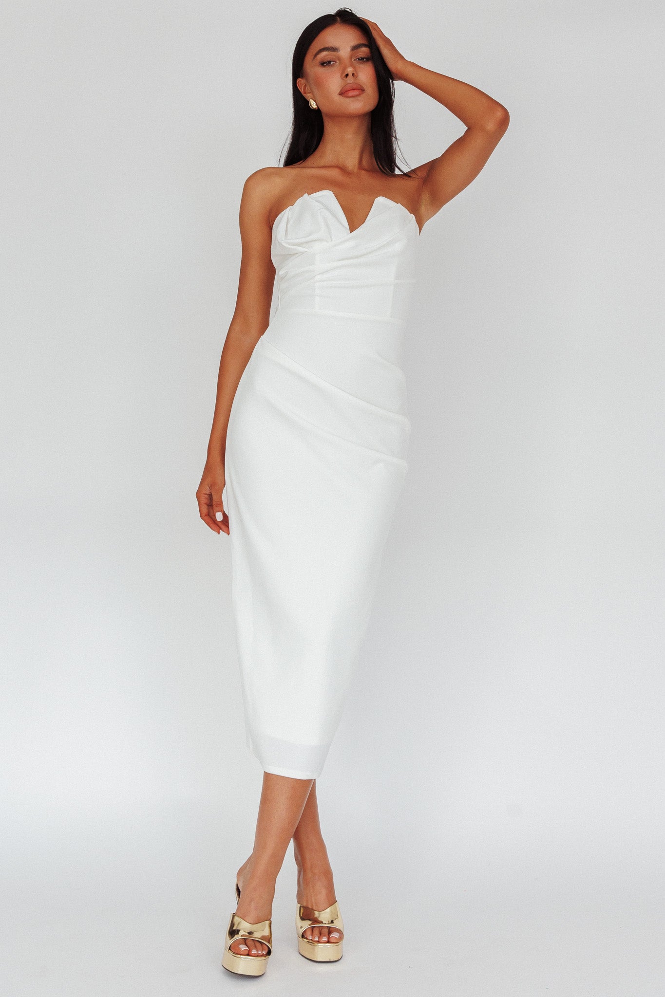 Hartly Strapless V-Neck Midi Dress Off White-Maymioy