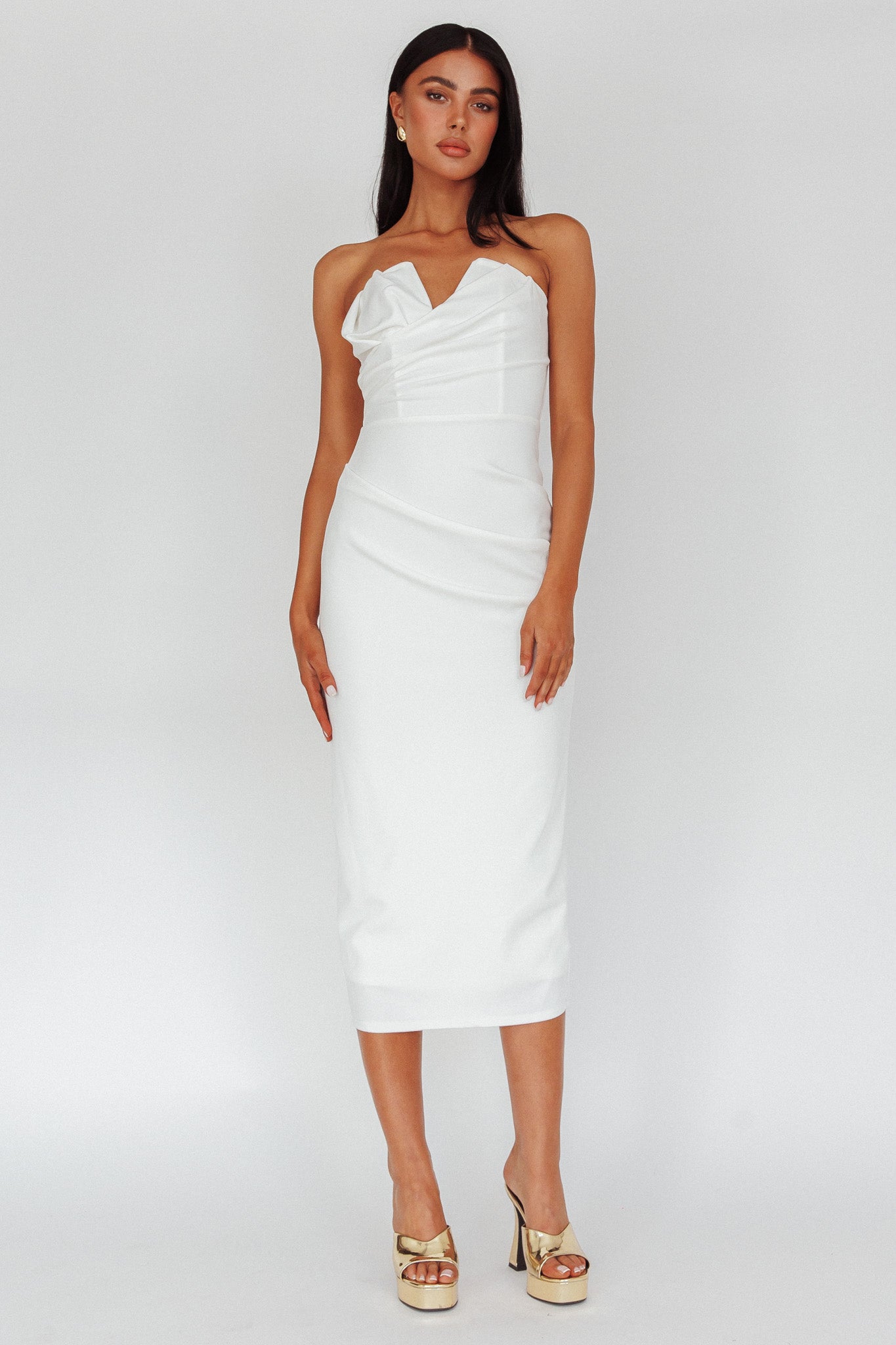 Hartly Strapless V-Neck Midi Dress Off White-Maymioy