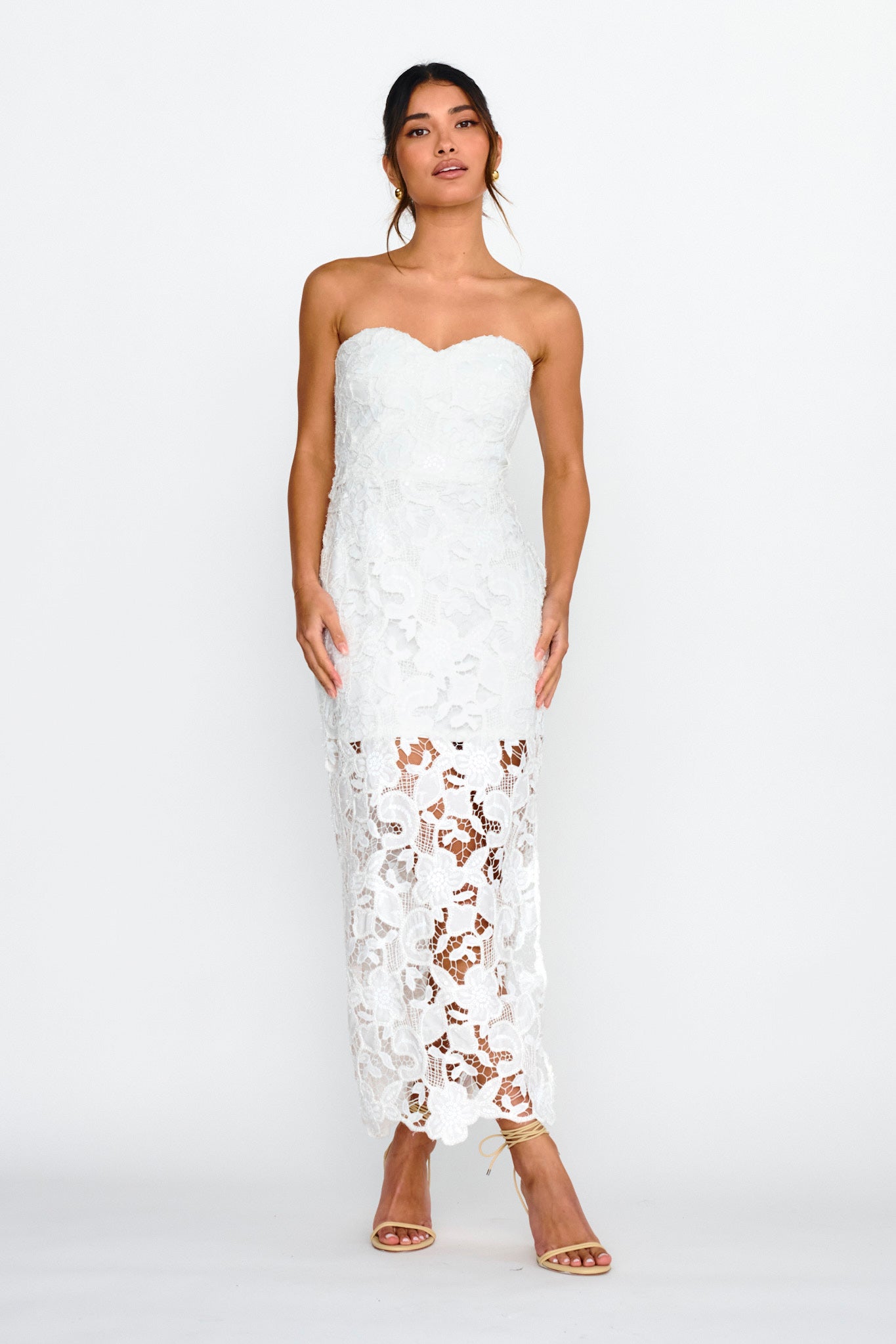 Parisa Sequin Embroidery Overlay Midi Dress White-Maymioy