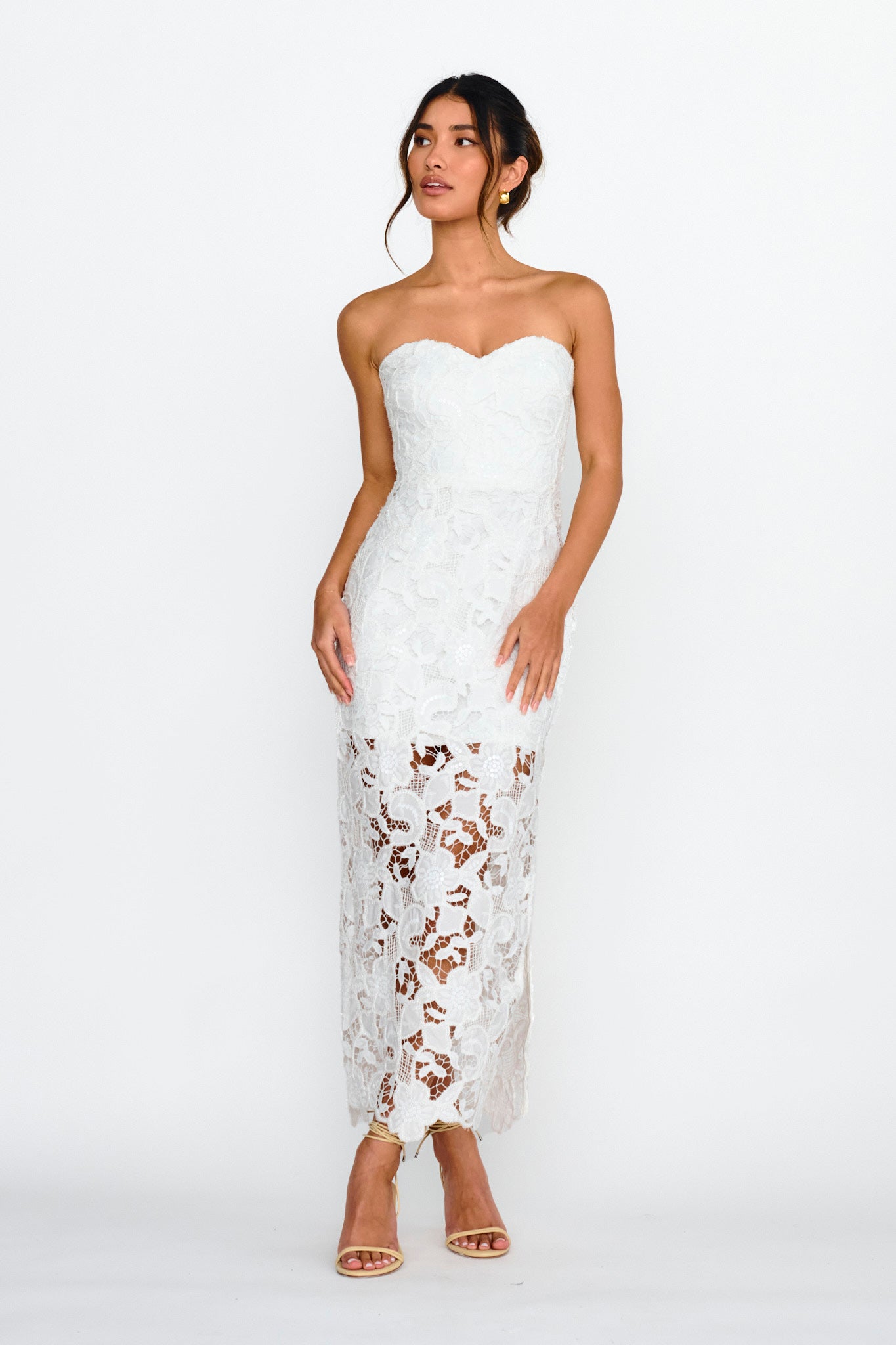 Parisa Sequin Embroidery Overlay Midi Dress White-Maymioy
