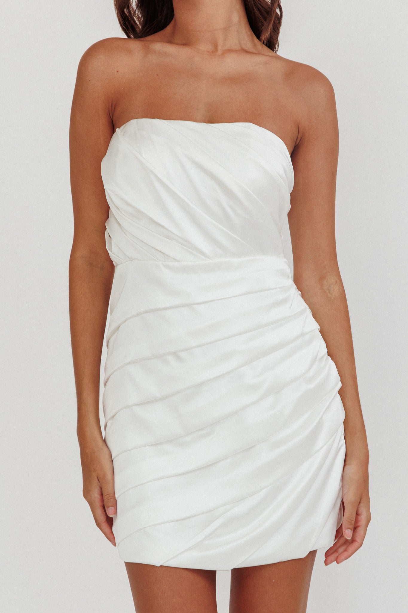 Boulevard Bliss Gathered Mini Dress Off White-Maymioy