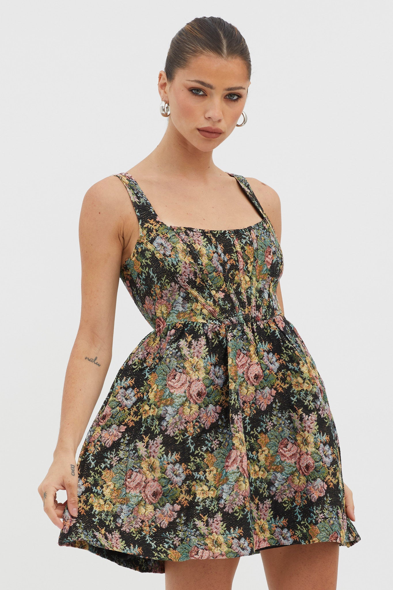 Strong Feelings A-Line Floral Embroidery Dress Black-Maymioy