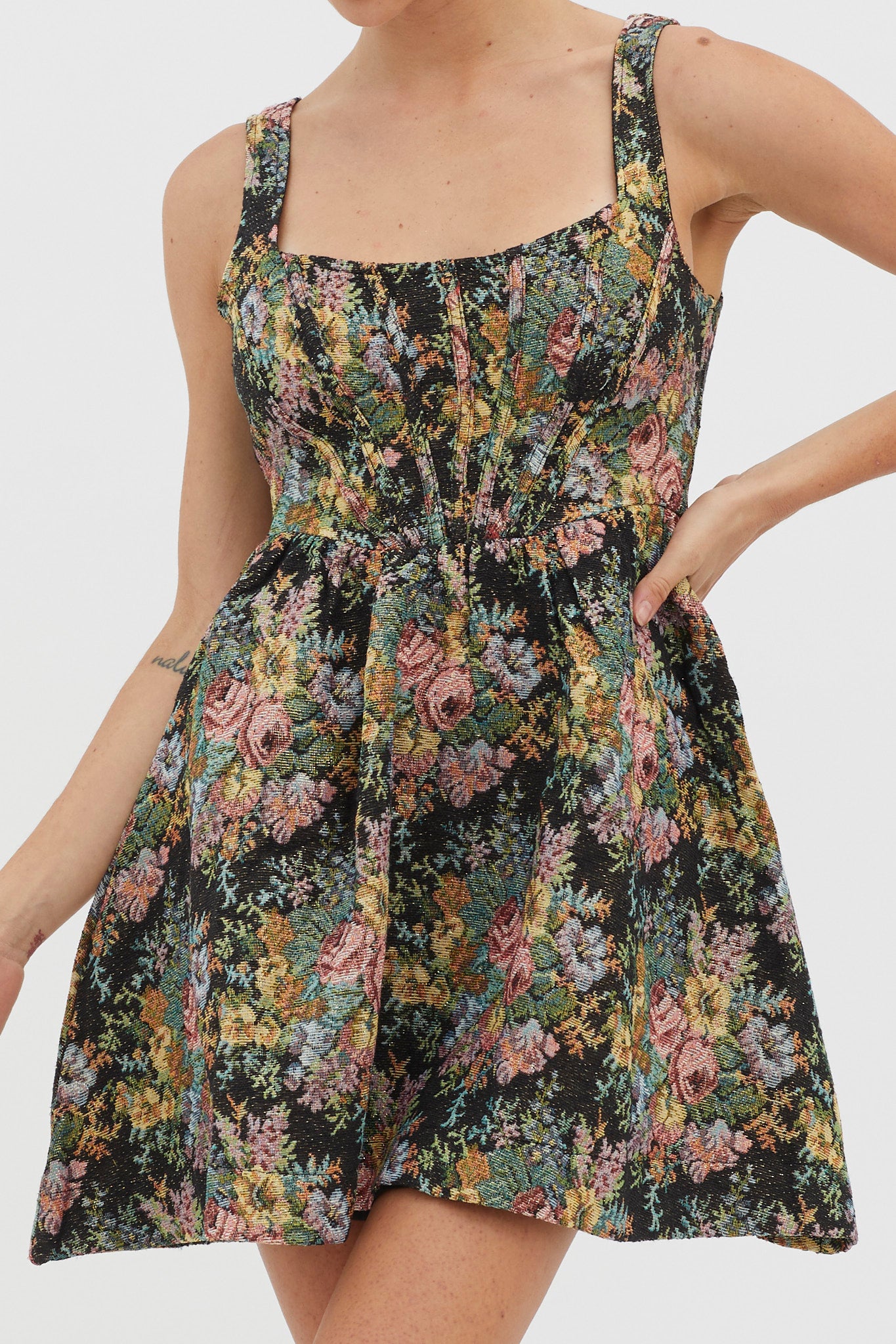 Strong Feelings A-Line Floral Embroidery Dress Black-Maymioy