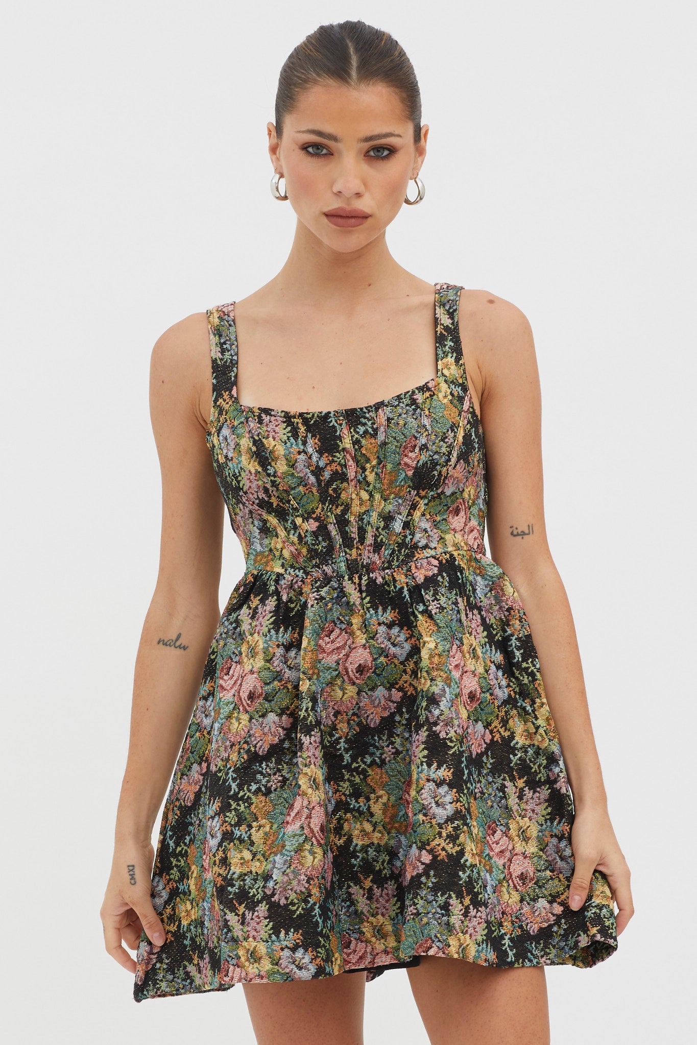 Strong Feelings A-Line Floral Embroidery Dress Black-Maymioy