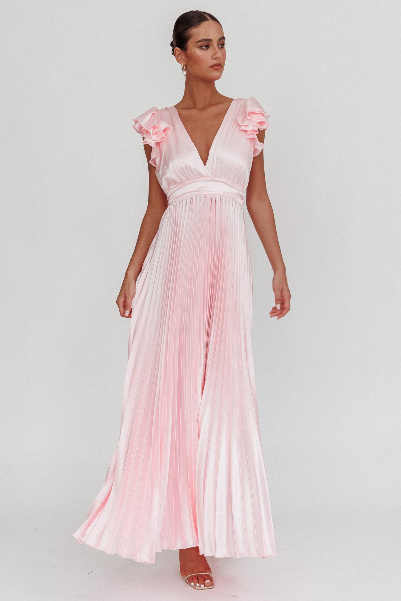 Enchantment Ruffle Sleeve Pleat Maxi Dress Pink-Maymioy