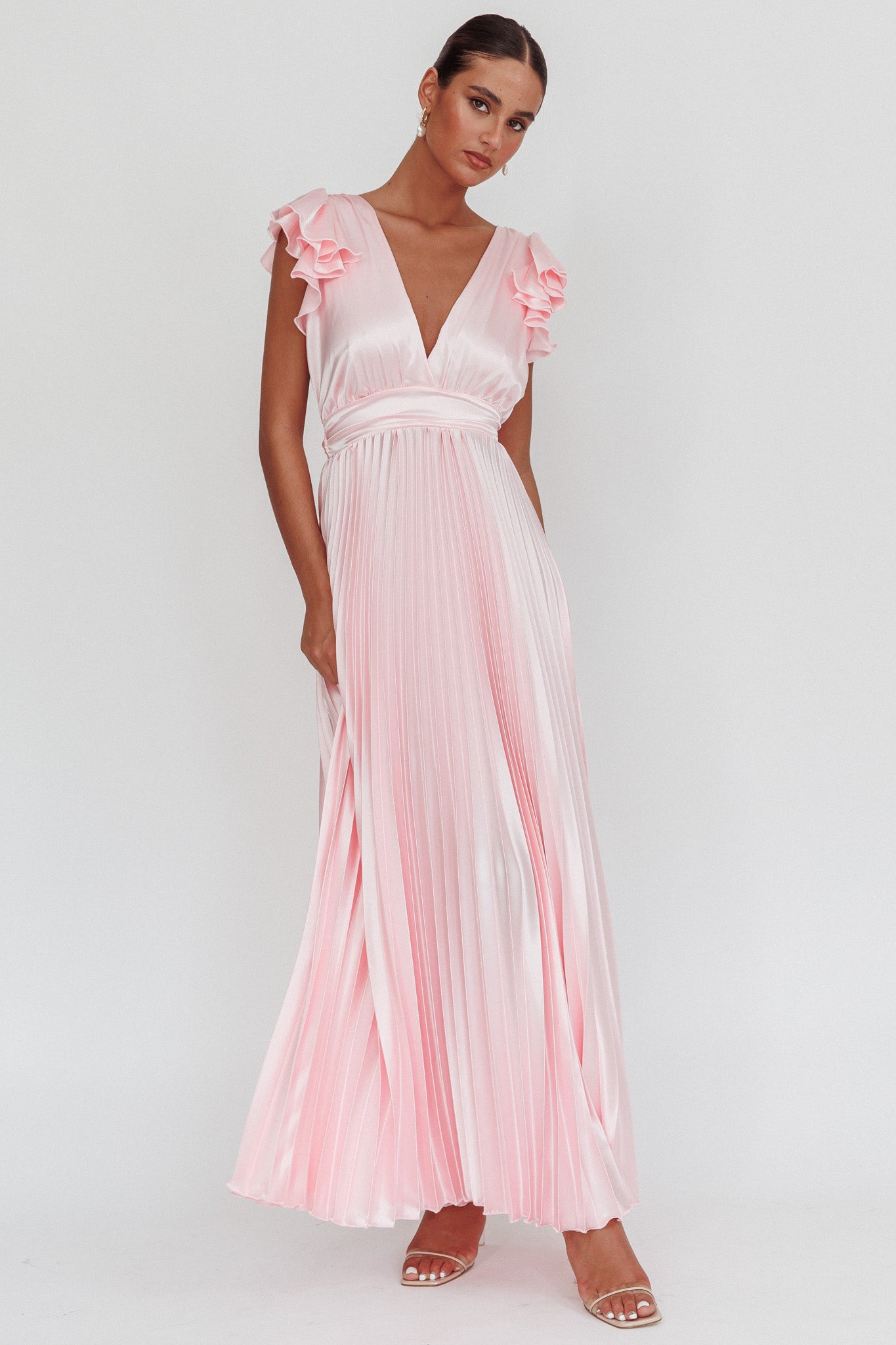 Enchantment Ruffle Sleeve Pleat Maxi Dress Pink-Maymioy