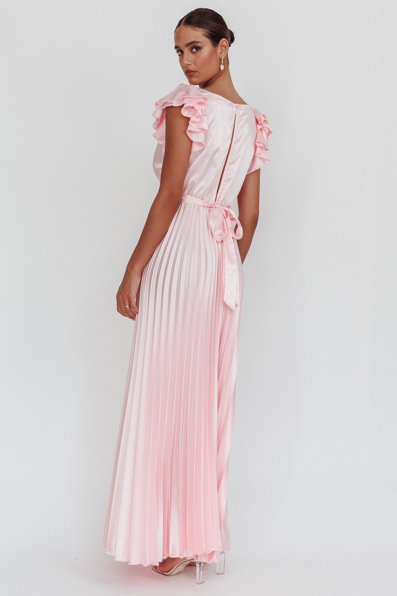 Enchantment Ruffle Sleeve Pleat Maxi Dress Pink-Maymioy