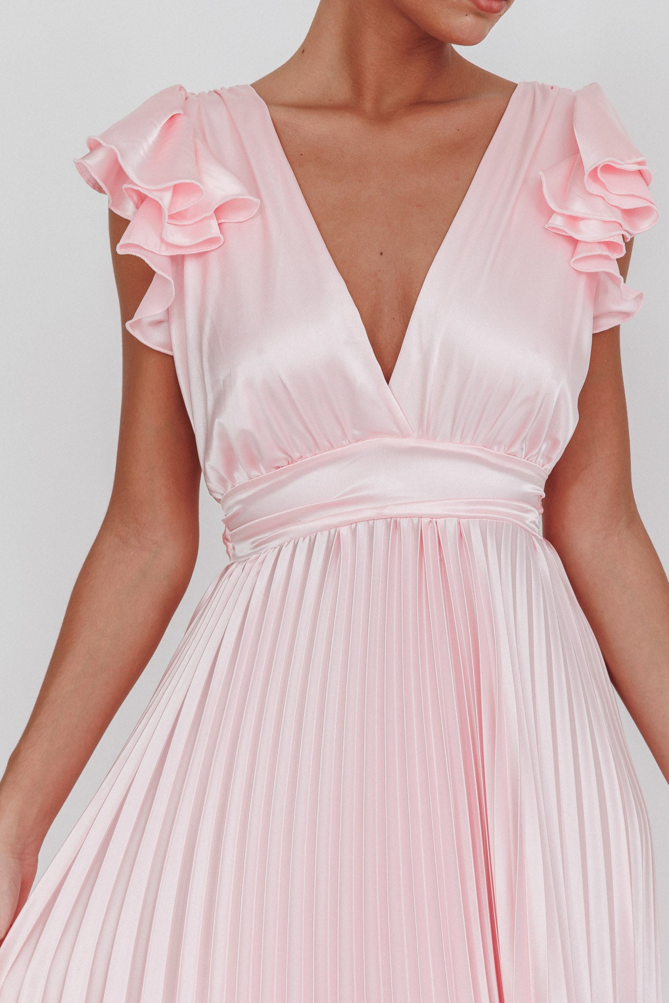 Enchantment Ruffle Sleeve Pleat Maxi Dress Pink-Maymioy