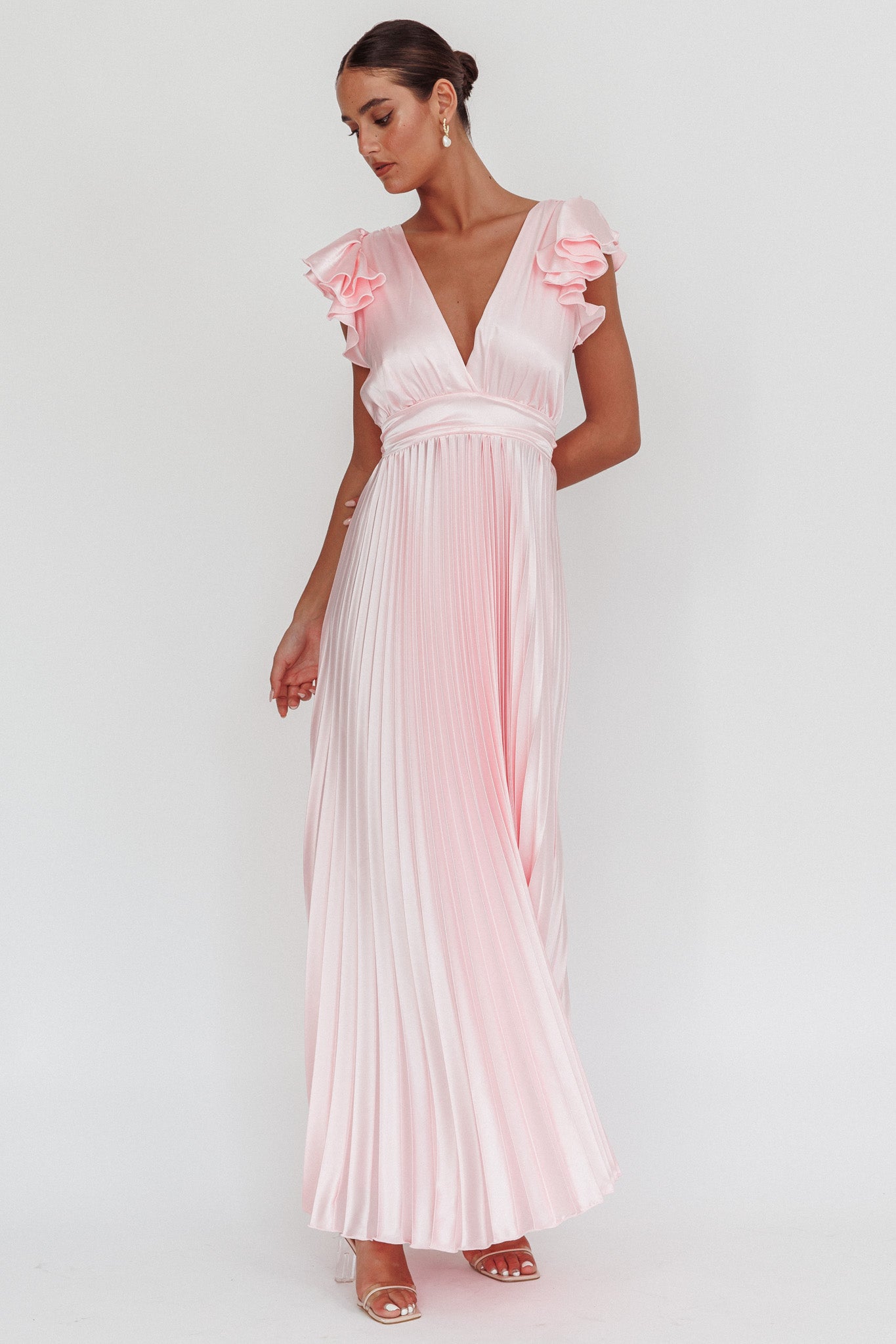 Enchantment Ruffle Sleeve Pleat Maxi Dress Pink-Maymioy