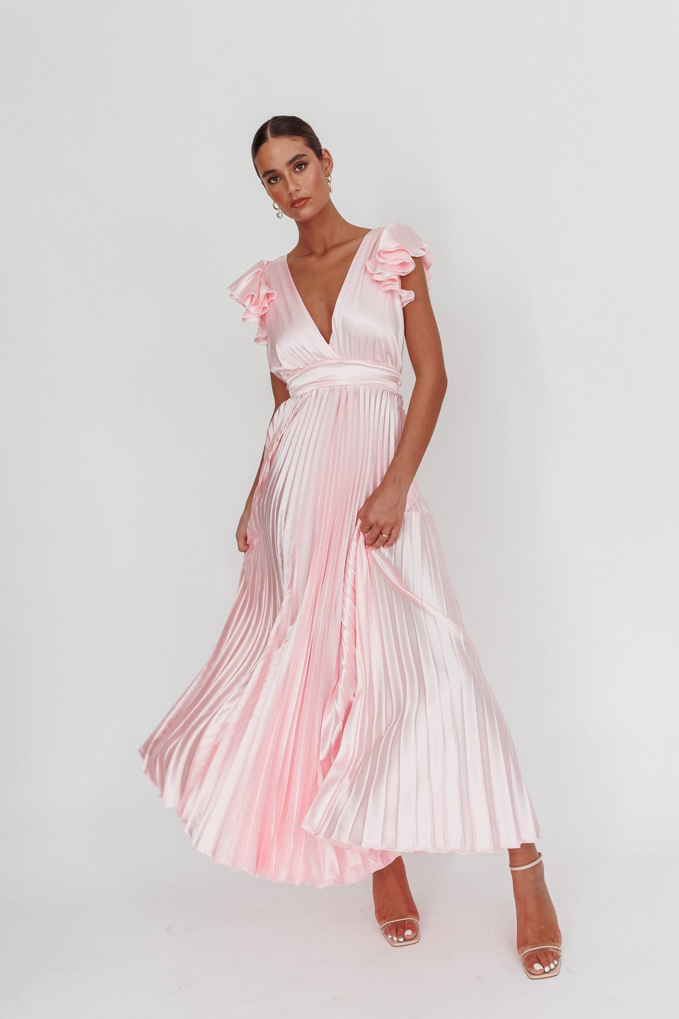 Enchantment Ruffle Sleeve Pleat Maxi Dress Pink-Maymioy