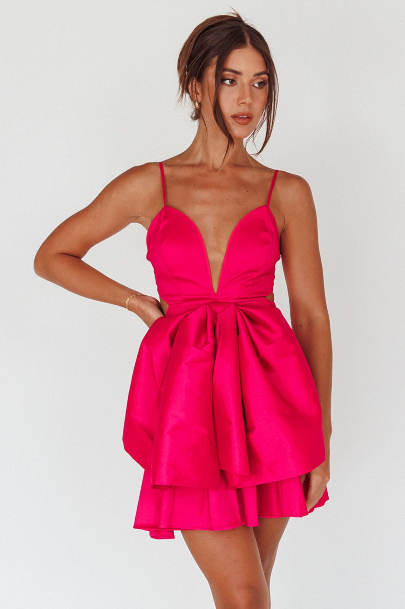 Life Is Rosy Large Bow Mini Dress Fuchsia-Maymioy