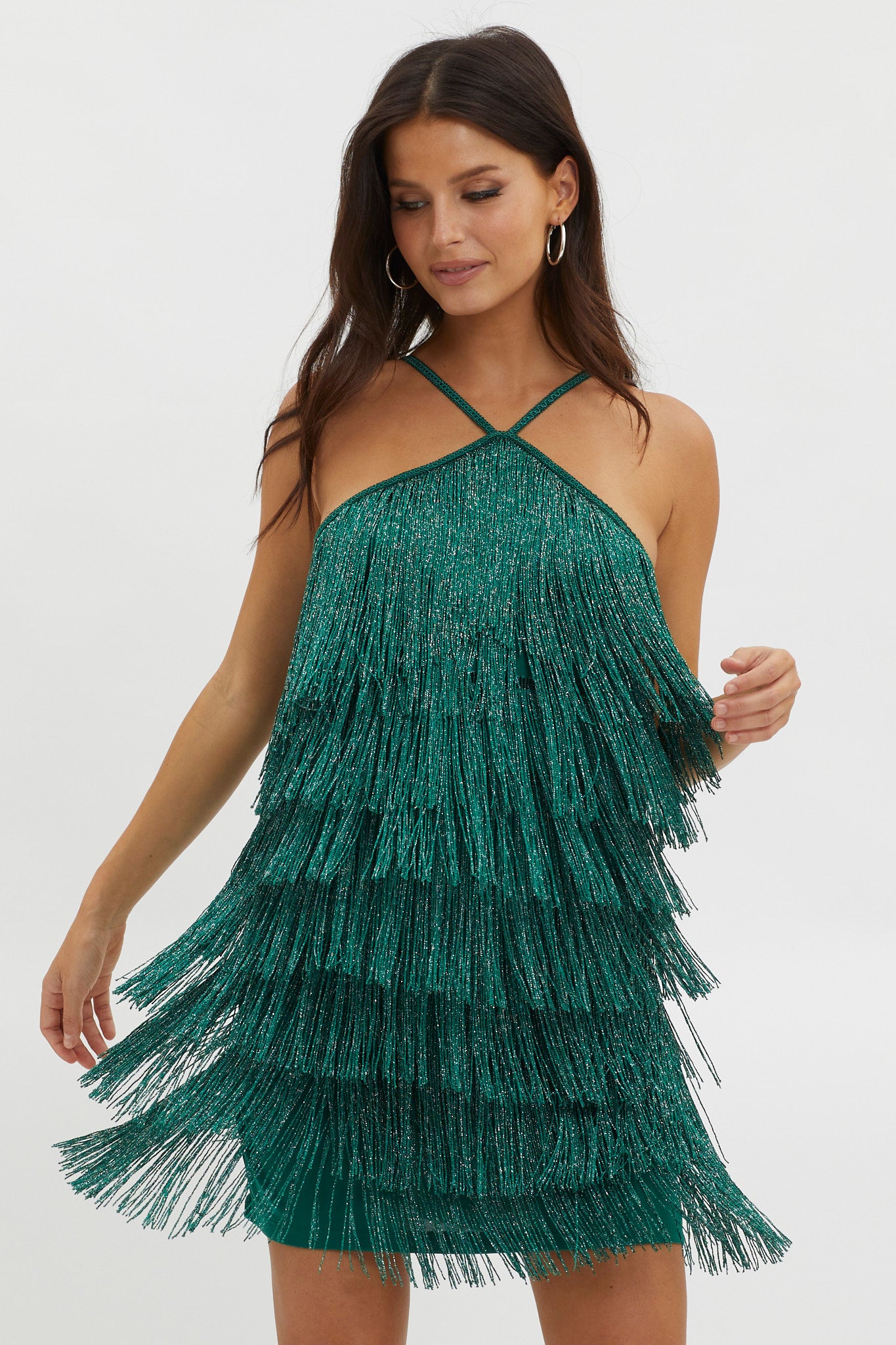 Boulevarde Fringe Trim Mini Dress Dark Green-Maymioy