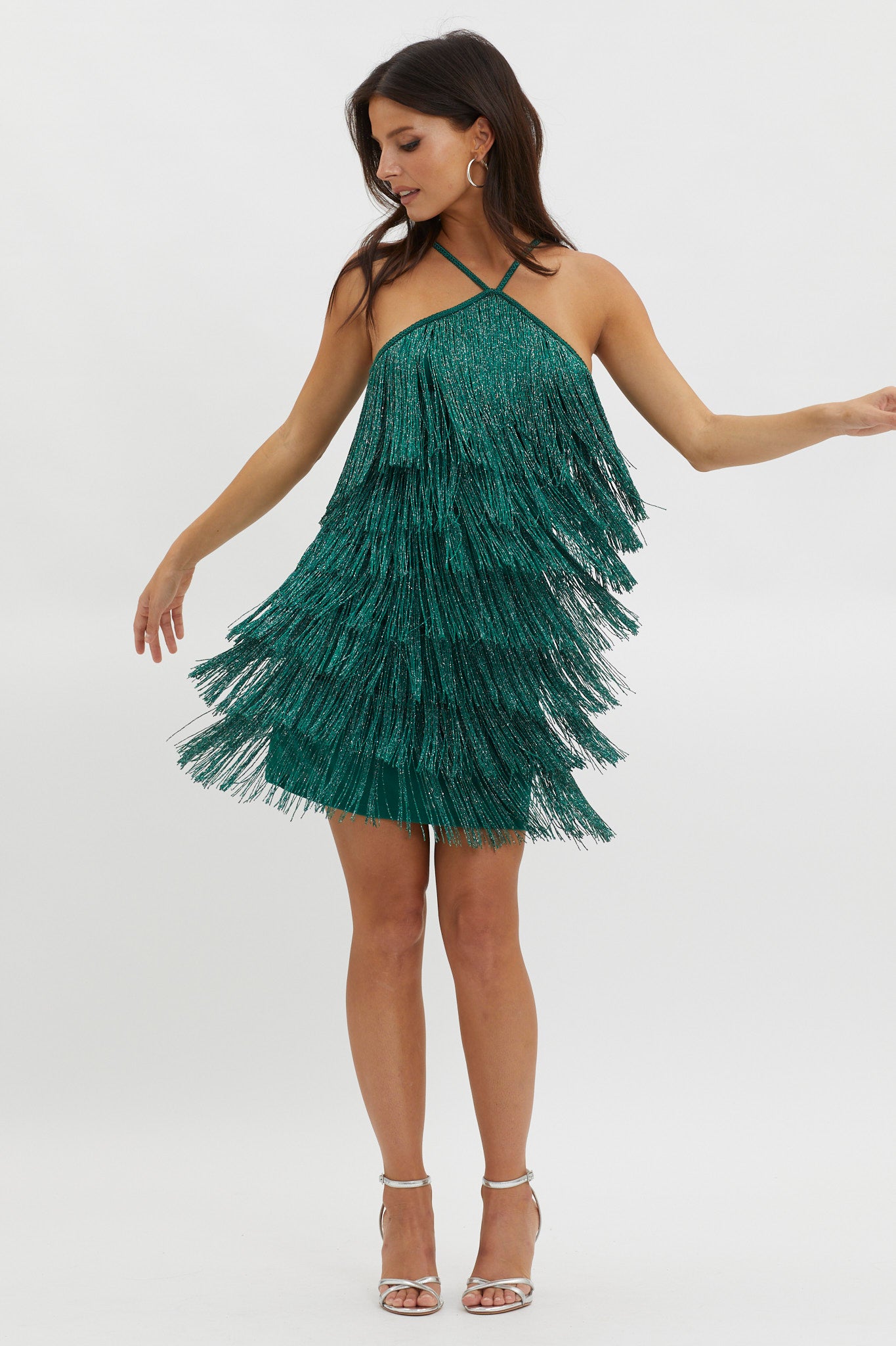 Boulevarde Fringe Trim Mini Dress Dark Green-Maymioy