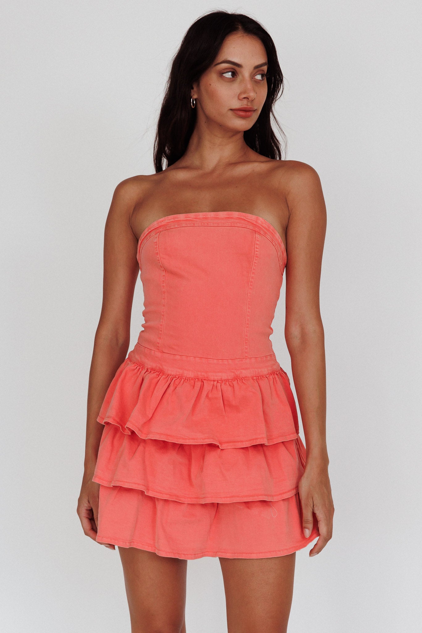 Philly Strapless Ruffle Mini Dress Sugar Coral-Maymioy