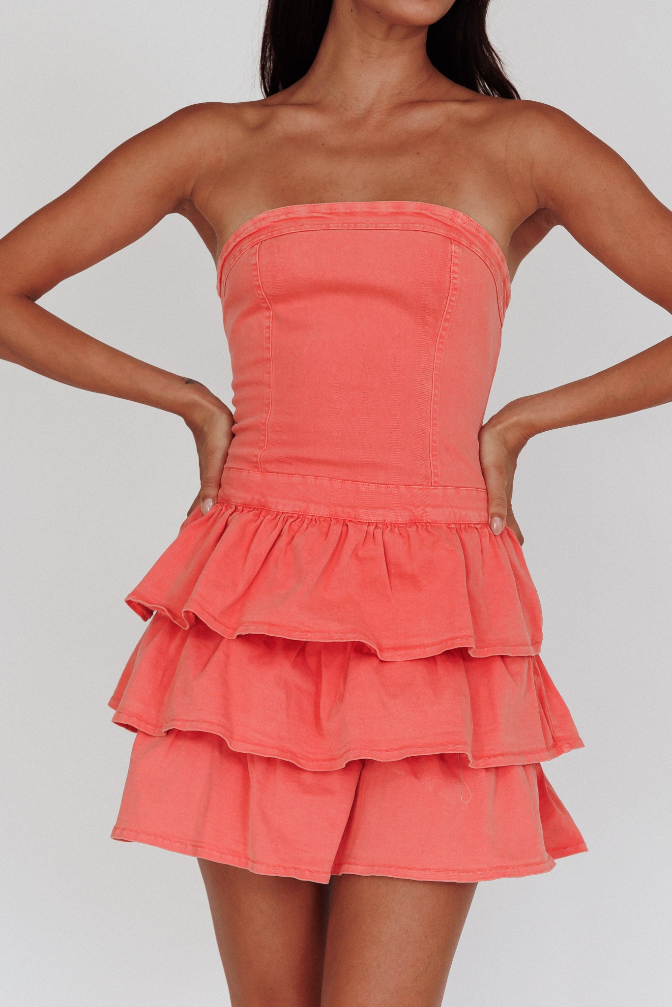 Philly Strapless Ruffle Mini Dress Sugar Coral-Maymioy