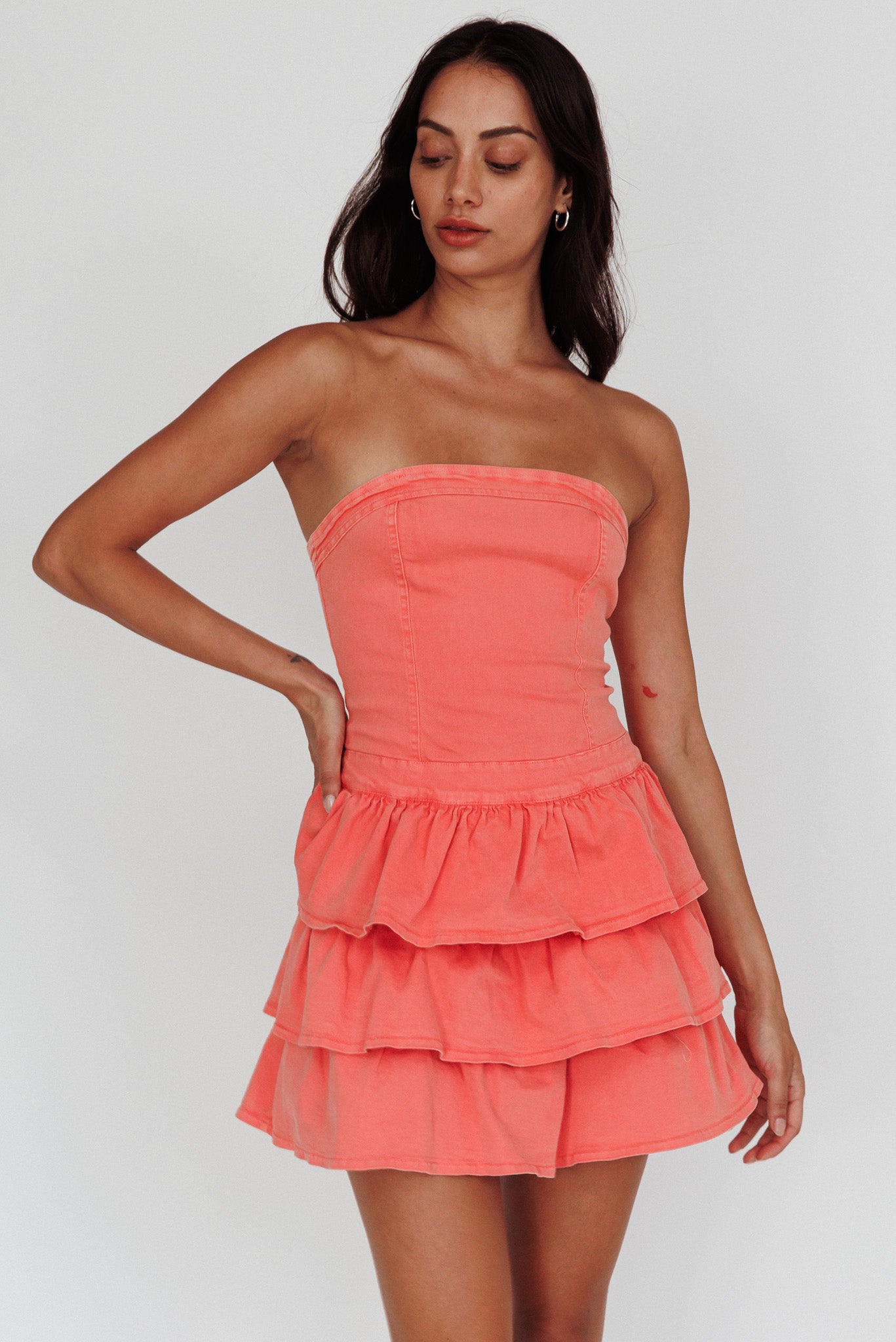 Philly Strapless Ruffle Mini Dress Sugar Coral-Maymioy