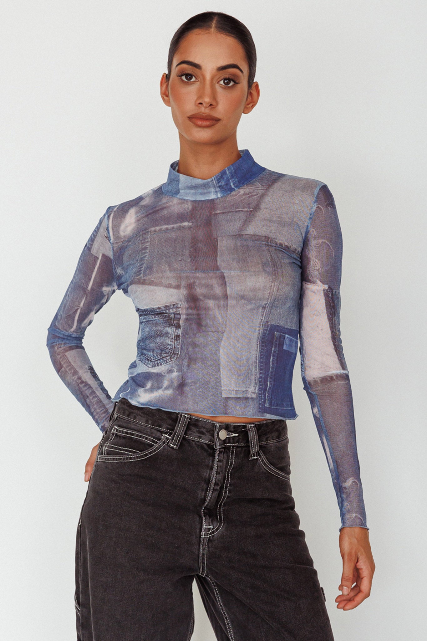 Giza Long Sleeve Mock Neck Top Print Denim Multi-Maymioy
