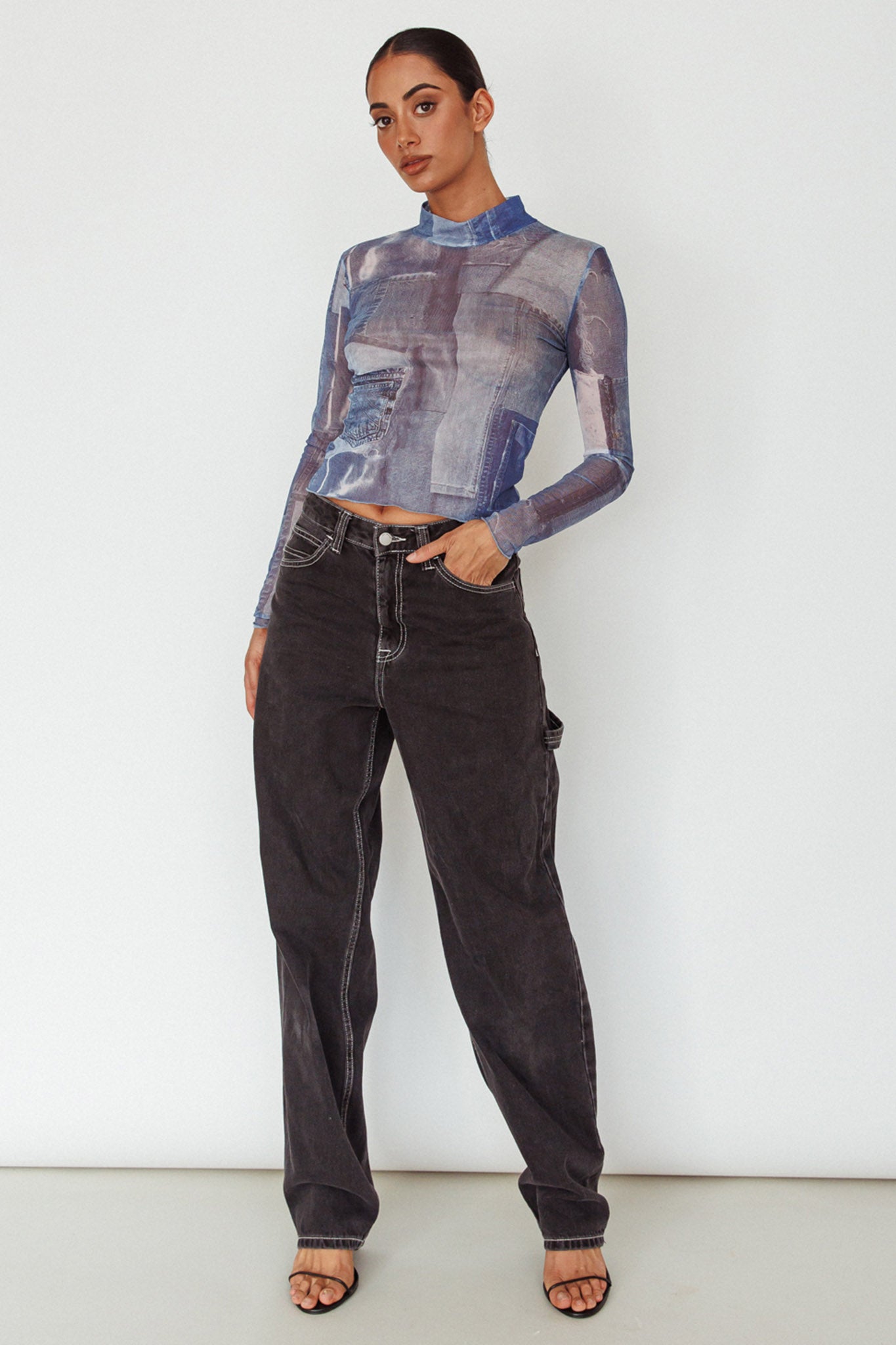 Giza Long Sleeve Mock Neck Top Print Denim Multi-Maymioy