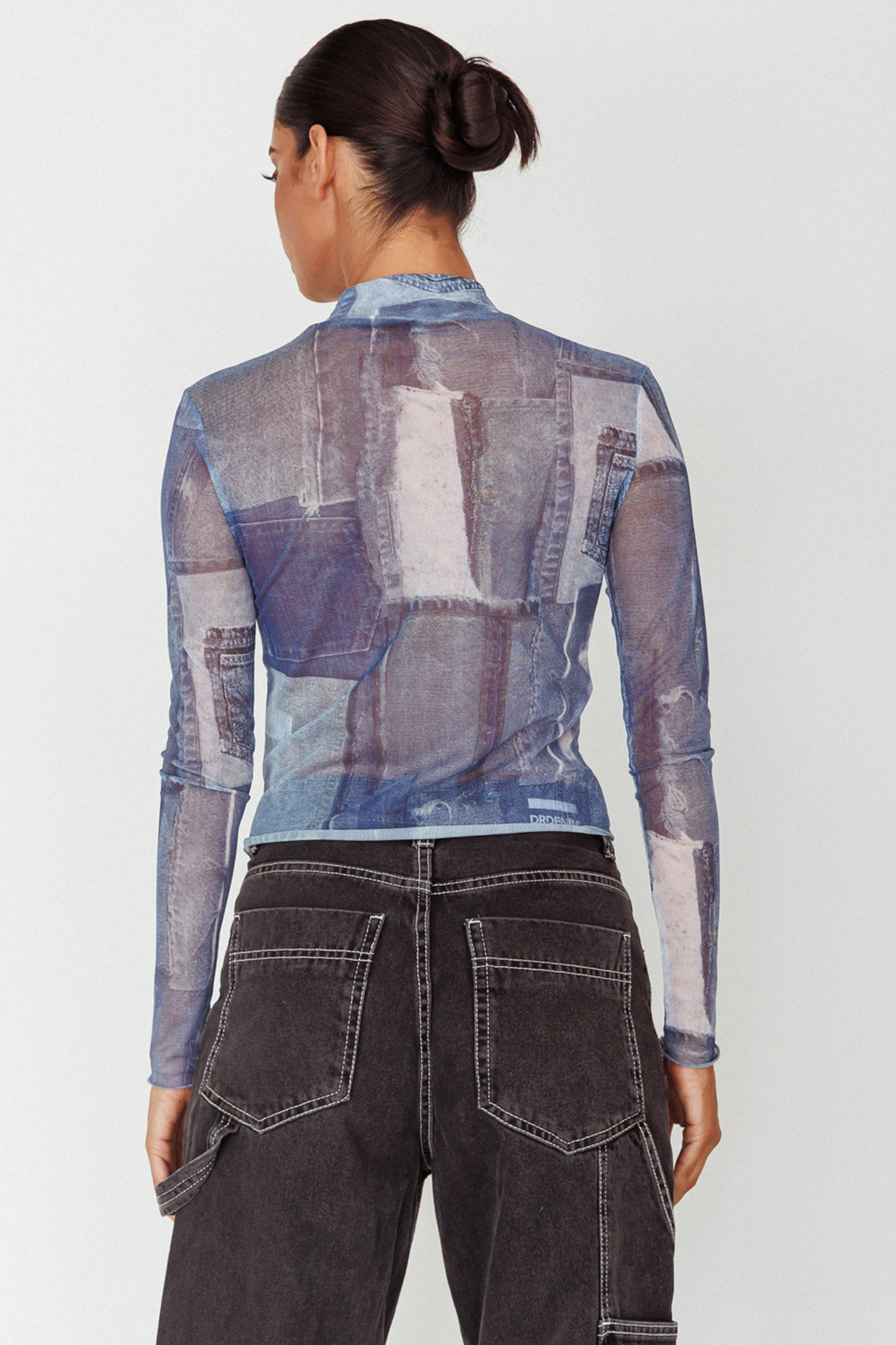 Giza Long Sleeve Mock Neck Top Print Denim Multi-Maymioy