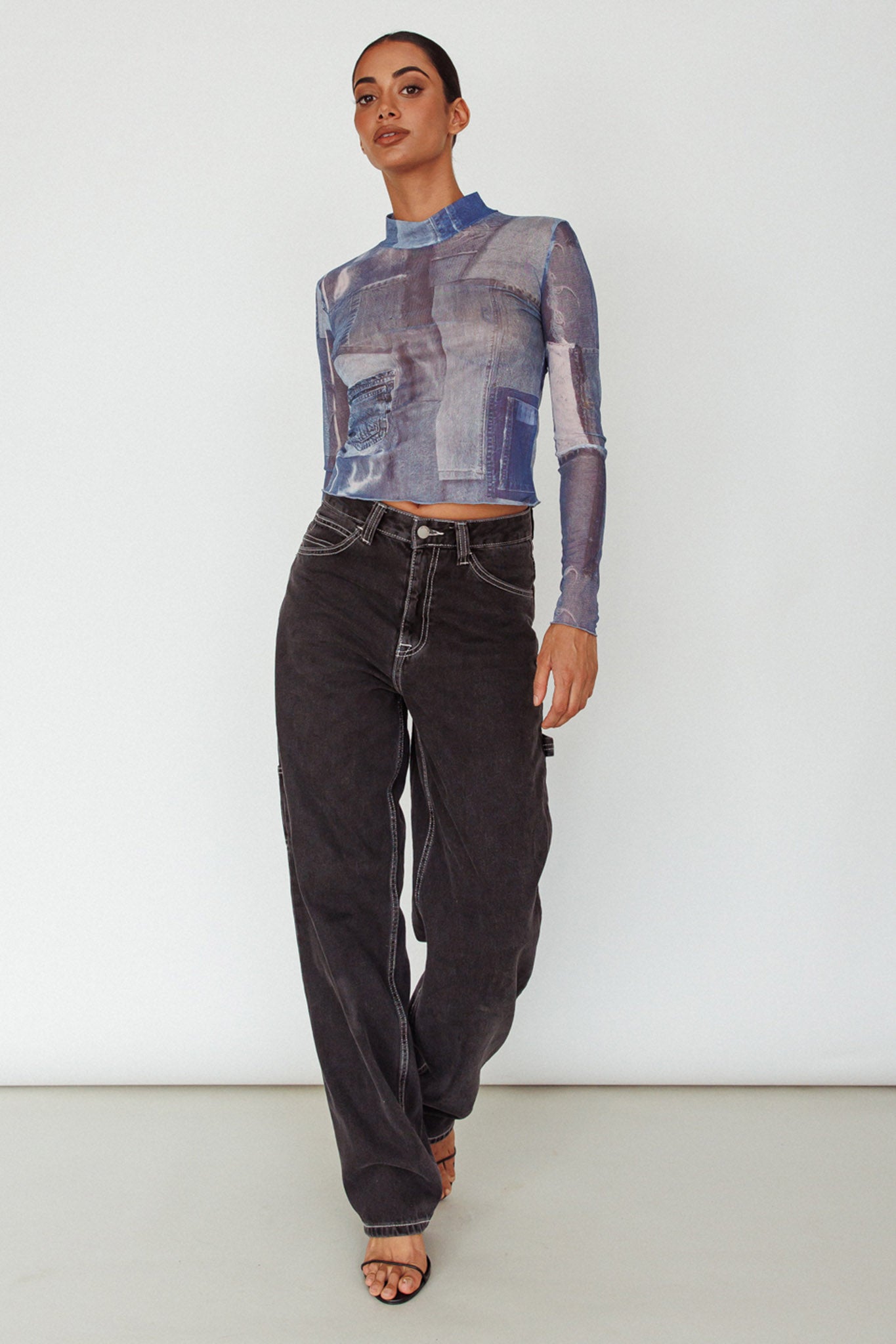 Giza Long Sleeve Mock Neck Top Print Denim Multi-Maymioy
