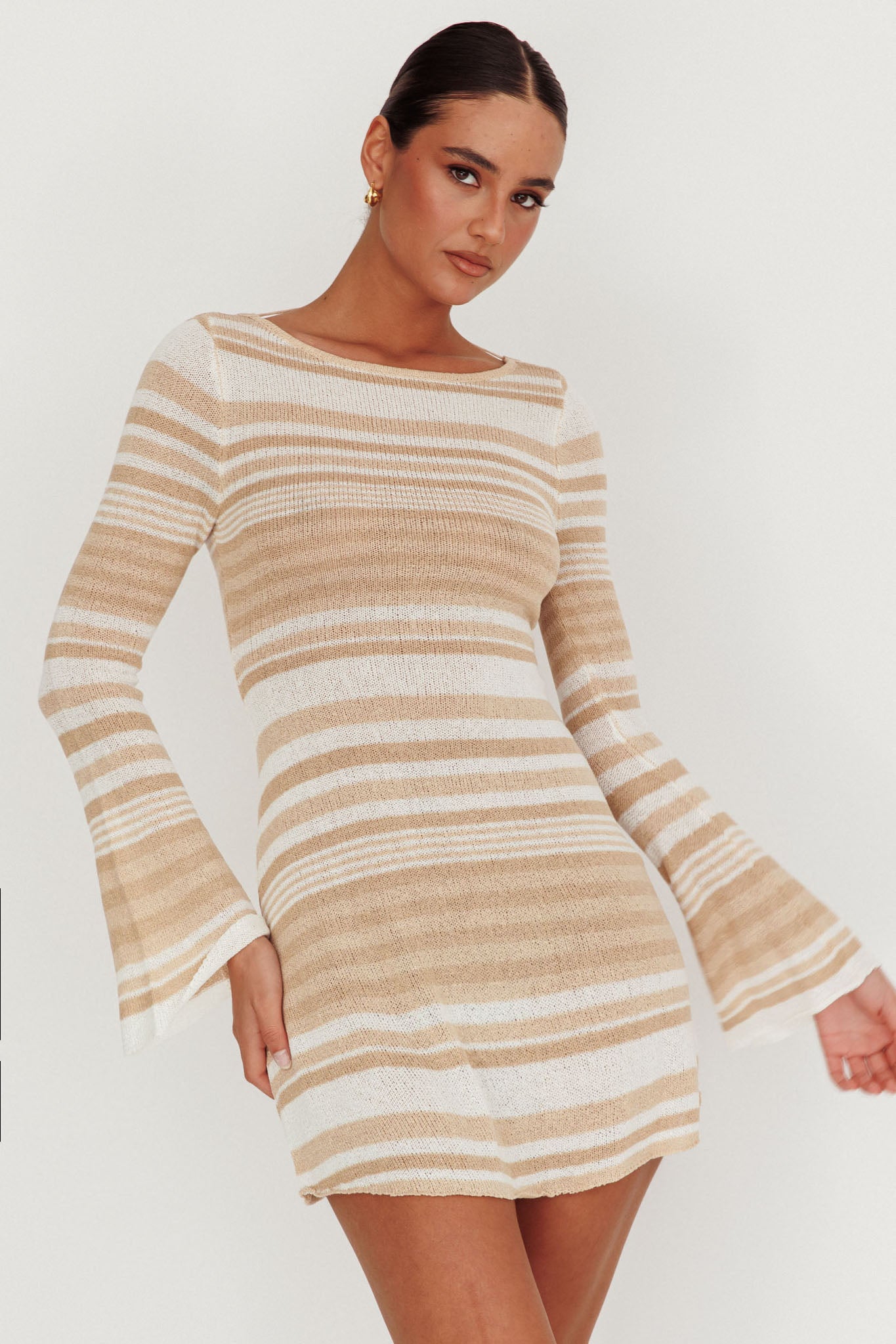 Sylvan Long Sleeve Knit Mini Dress Tan Multi-Maymioy