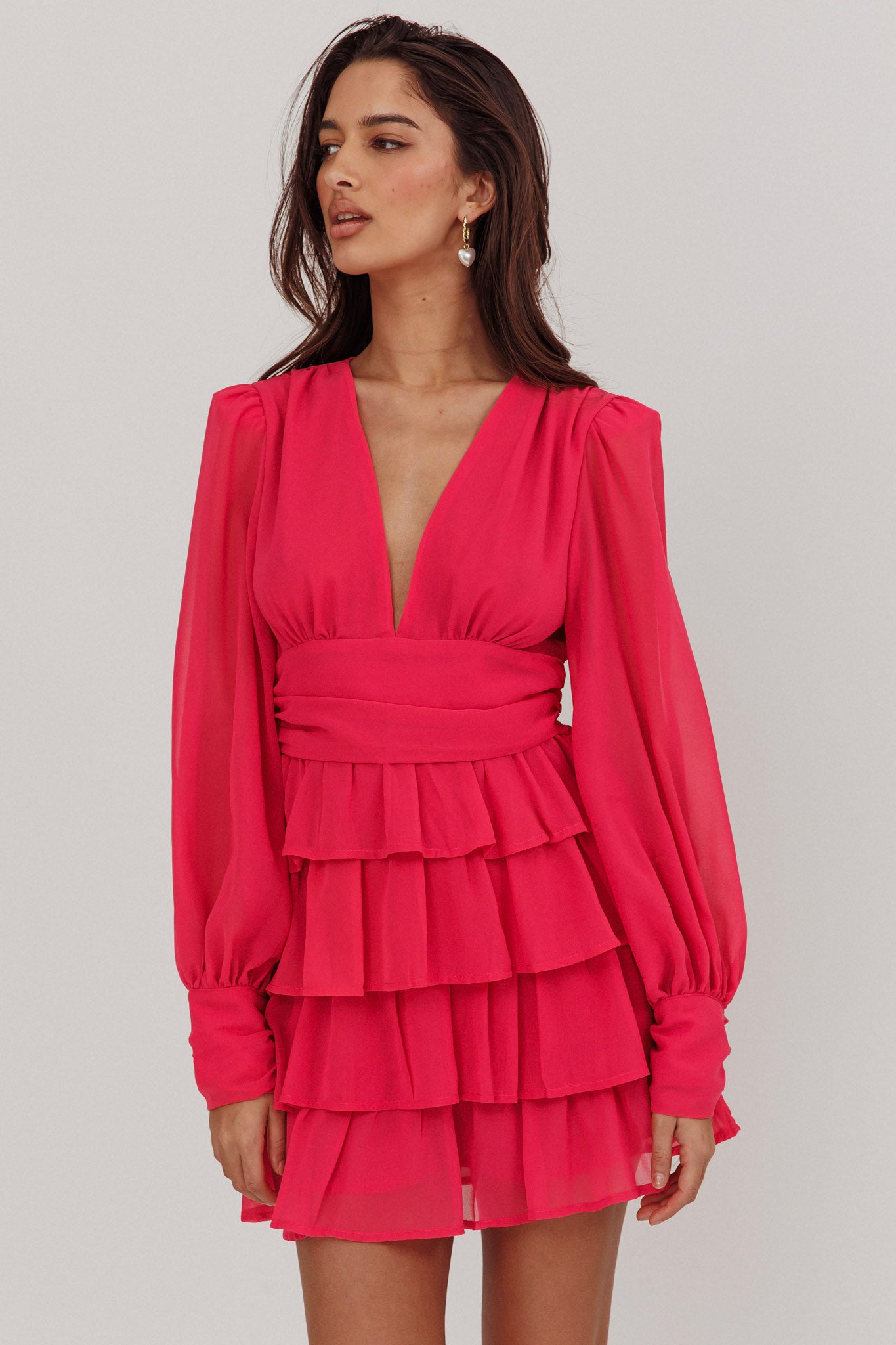 Dalisa Long Sleeve Ruffle Mini Dress Fuchsia-Maymioy