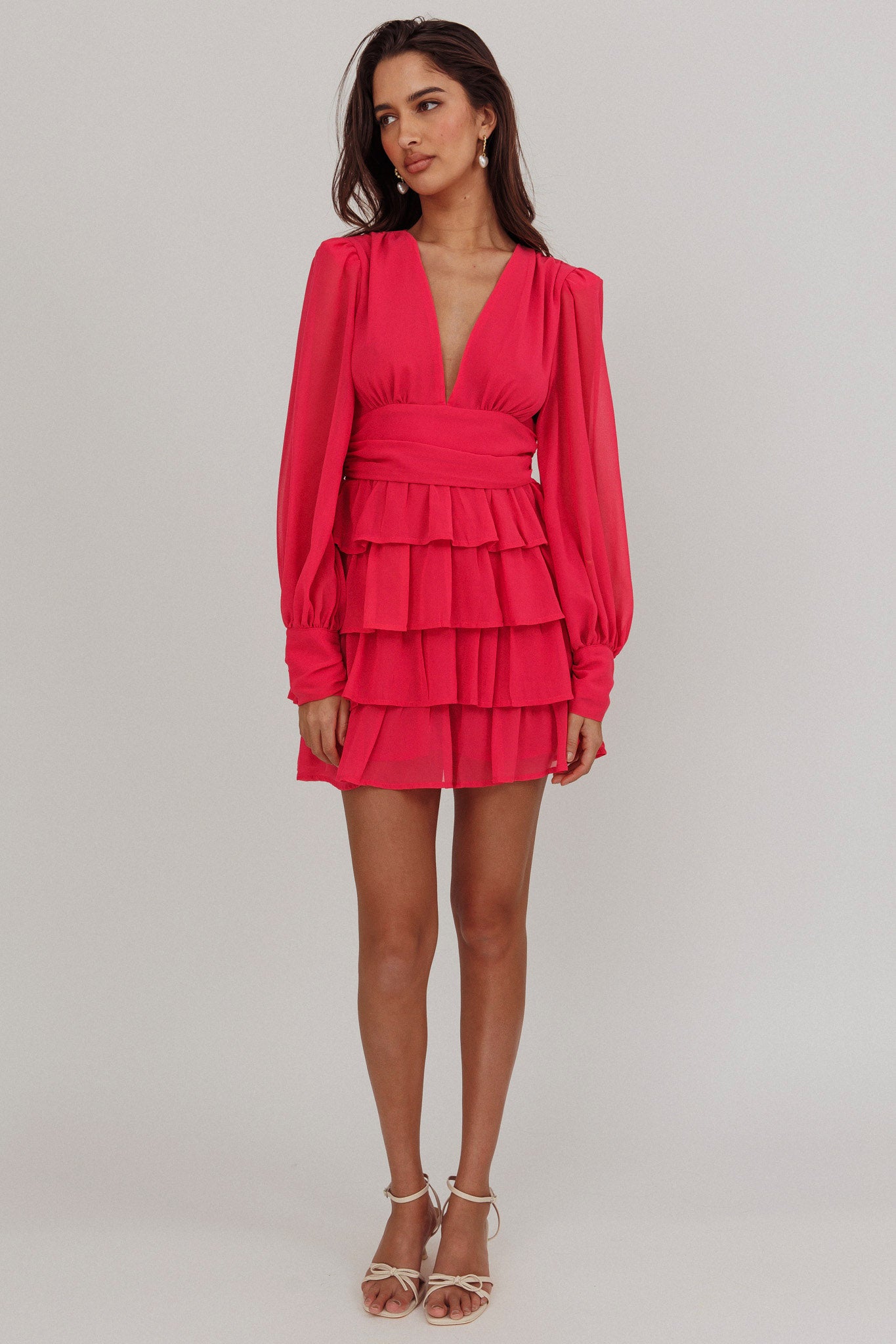 Dalisa Long Sleeve Ruffle Mini Dress Fuchsia-Maymioy