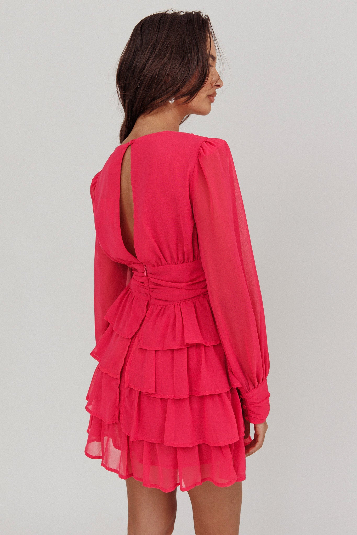 Dalisa Long Sleeve Ruffle Mini Dress Fuchsia-Maymioy