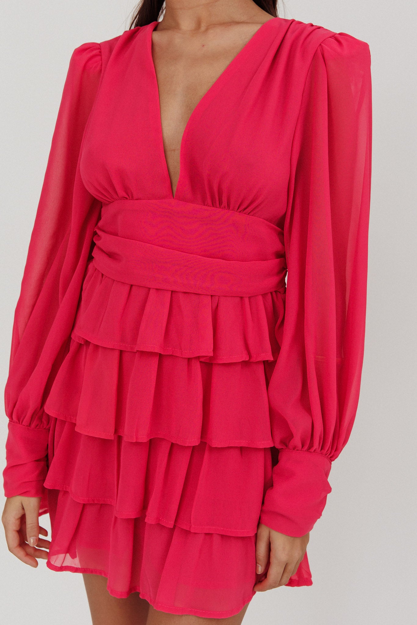 Dalisa Long Sleeve Ruffle Mini Dress Fuchsia-Maymioy