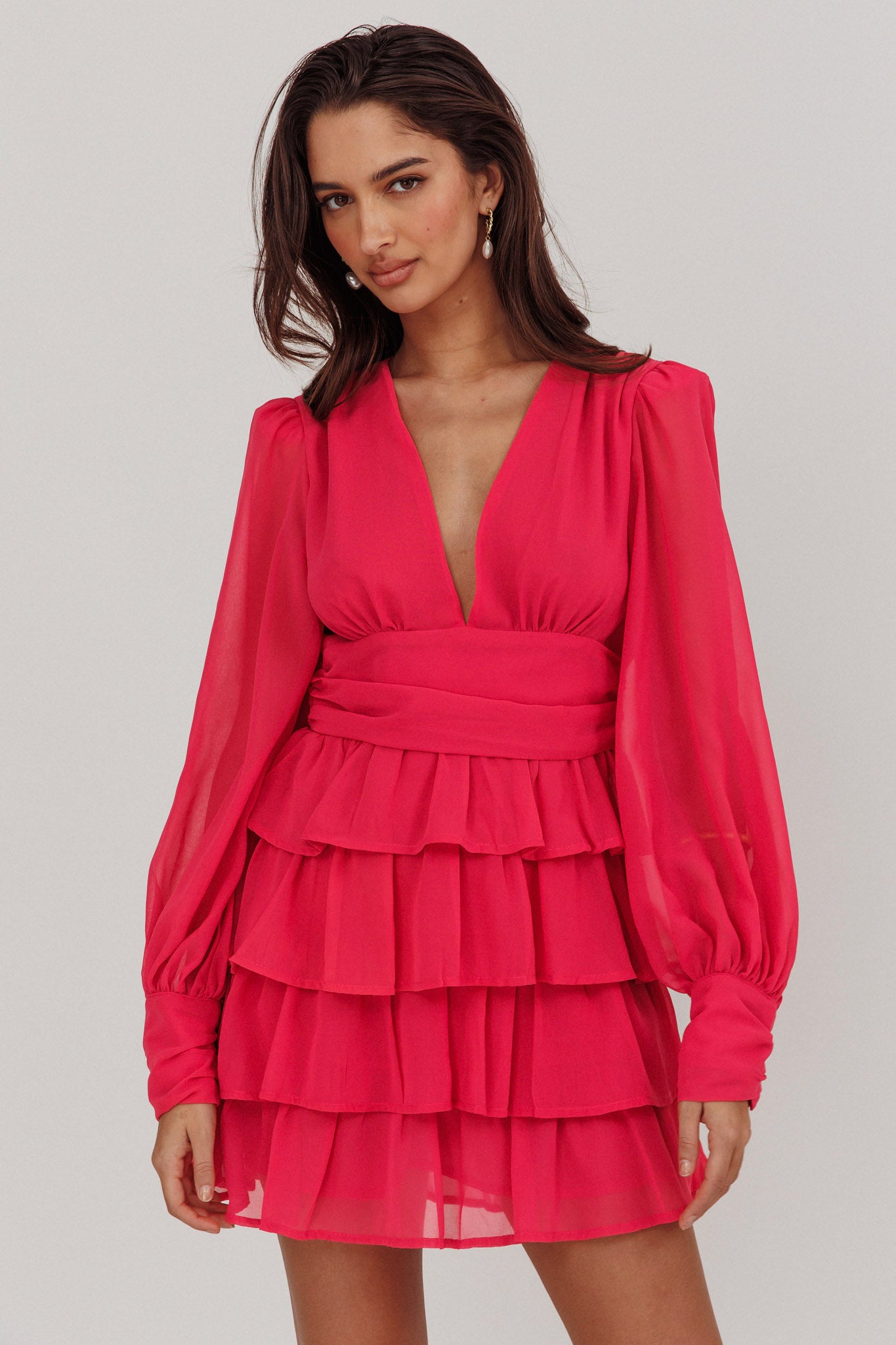 Dalisa Long Sleeve Ruffle Mini Dress Fuchsia-Maymioy