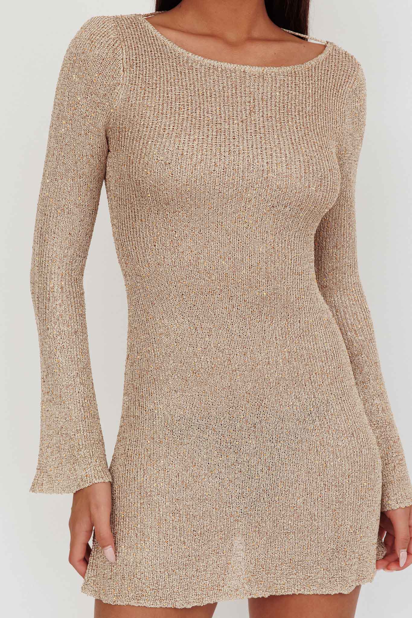 Cosmic Scoop Back Sequin Knit Mini Dress Gold-Maymioy