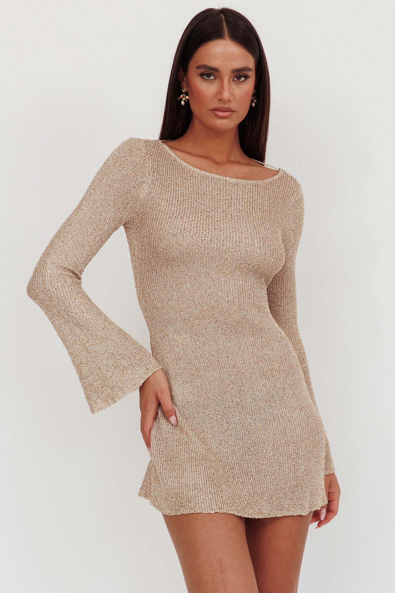 Cosmic Scoop Back Sequin Knit Mini Dress Gold-Maymioy