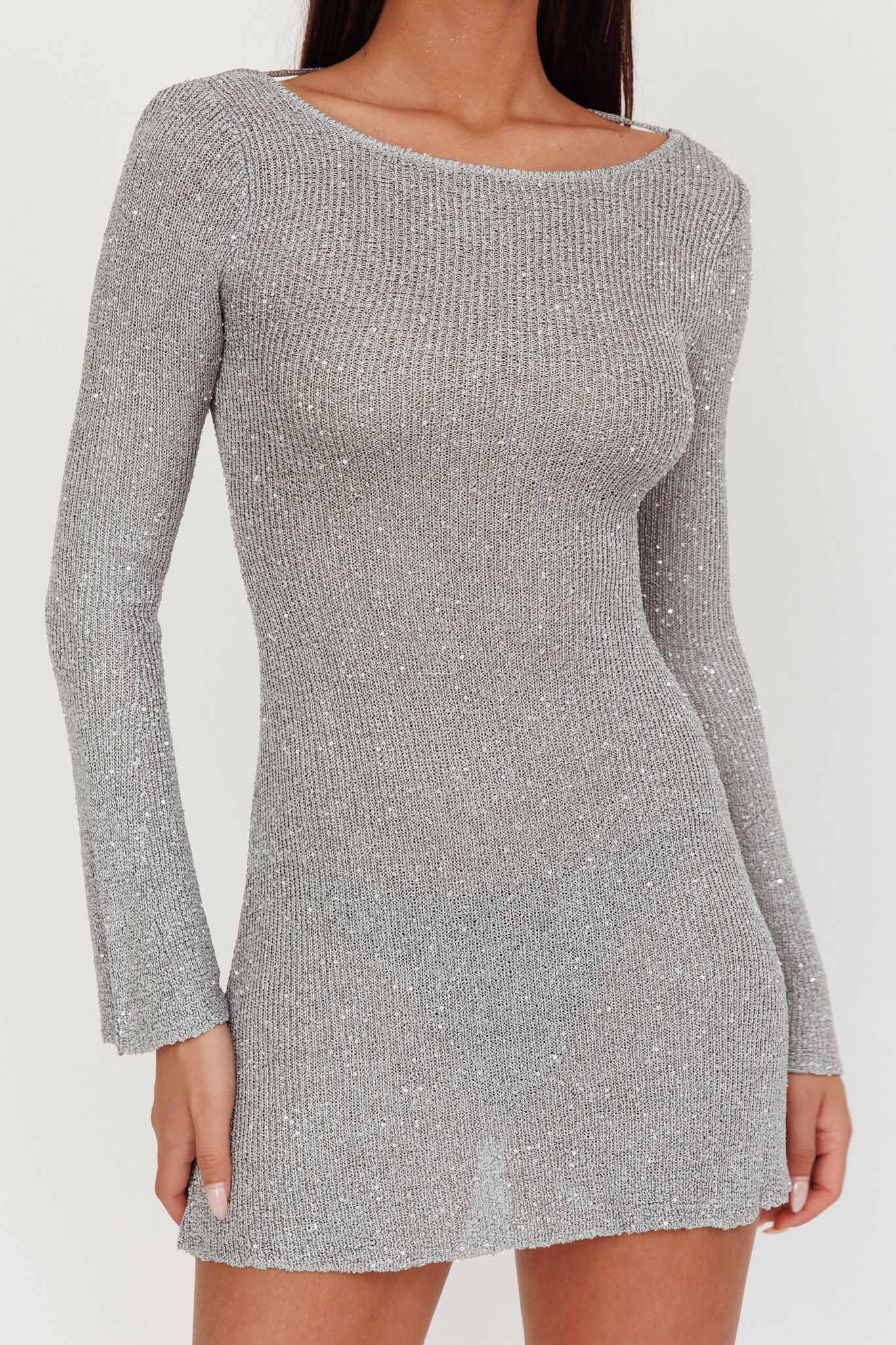 Cosmic Scoop Back Sequin Knit Mini Dress Silver-Maymioy