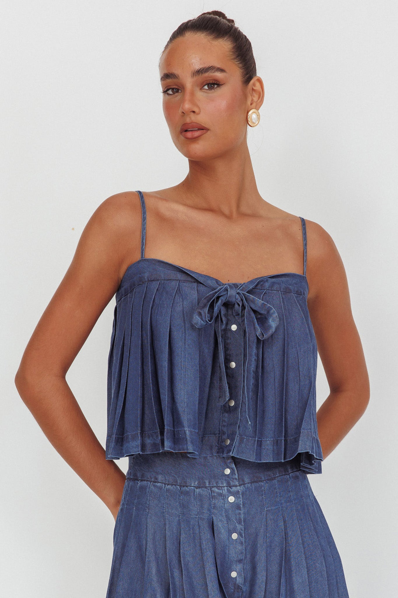 Country Girl Pleated Tie Top Dark Denim-Maymioy