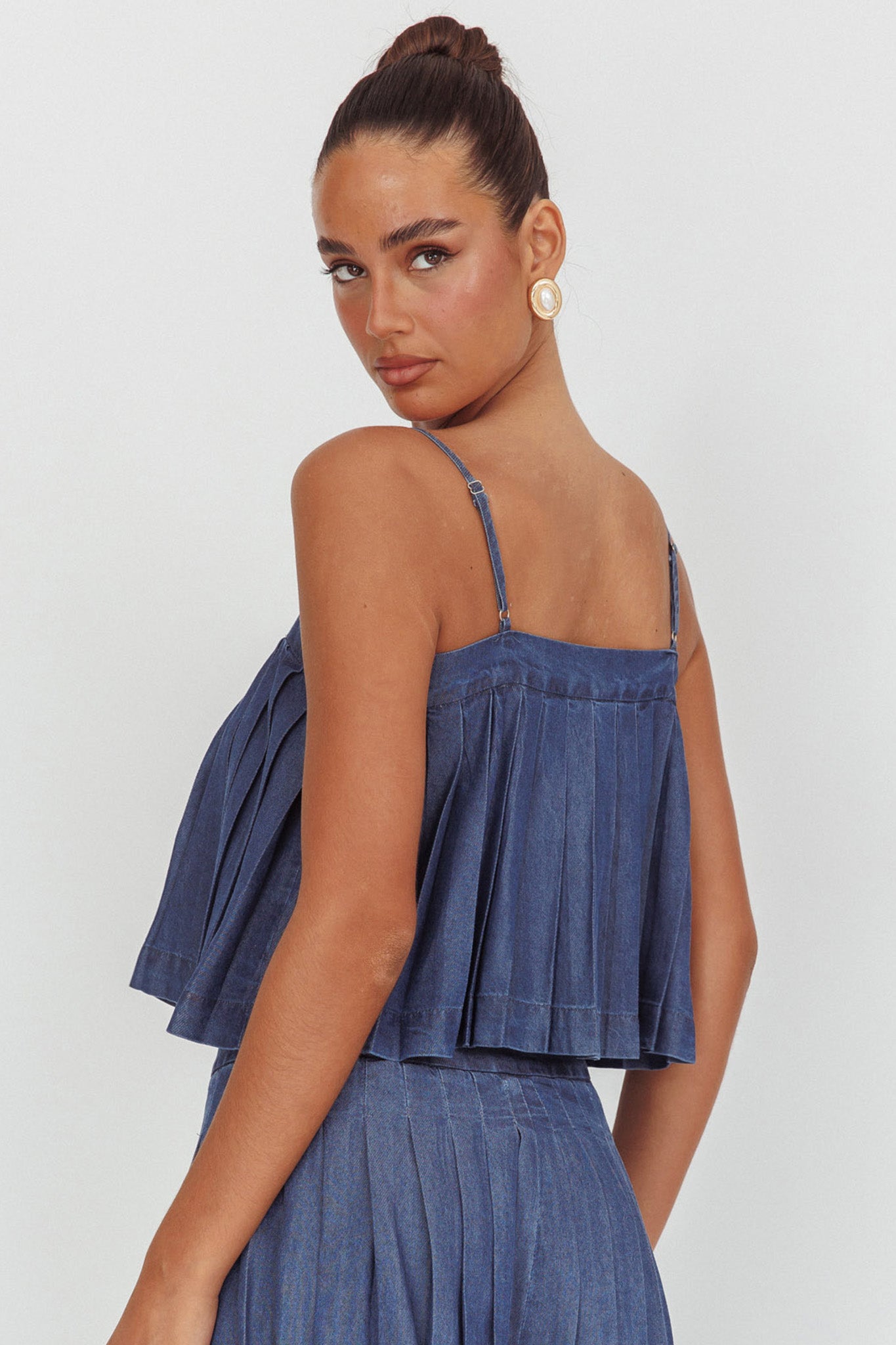 Country Girl Pleated Tie Top Dark Denim-Maymioy