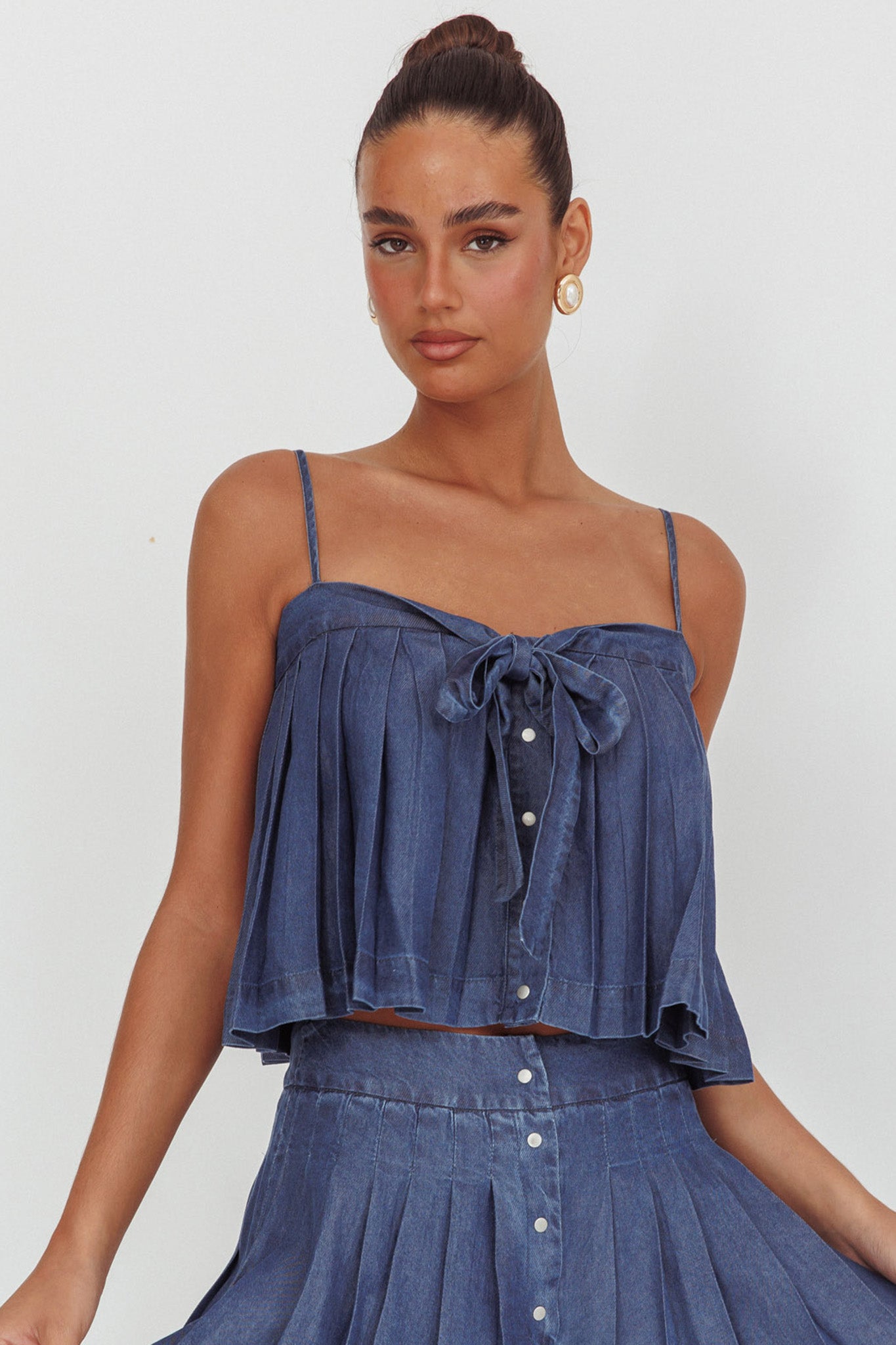 Country Girl Pleated Tie Top Dark Denim-Maymioy