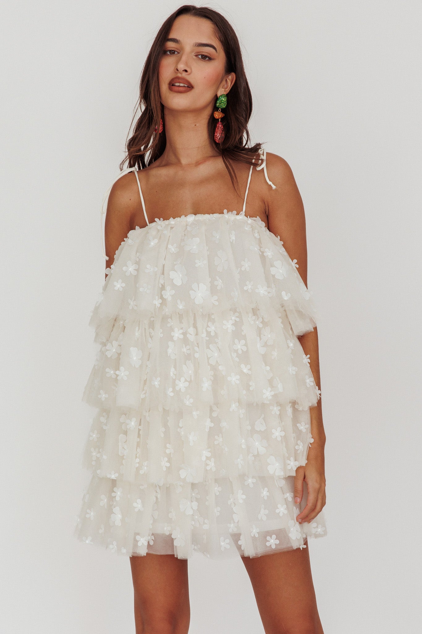 Tomorrow Tiered Ruffle Mini Dress Cream-Maymioy