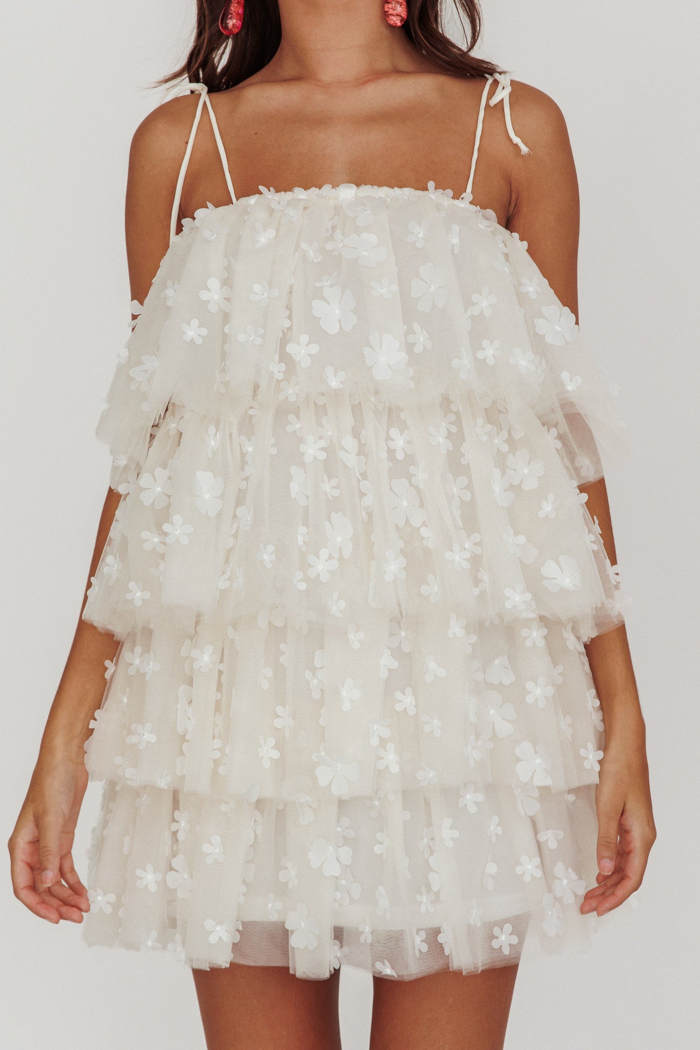 Tomorrow Tiered Ruffle Mini Dress Cream-Maymioy