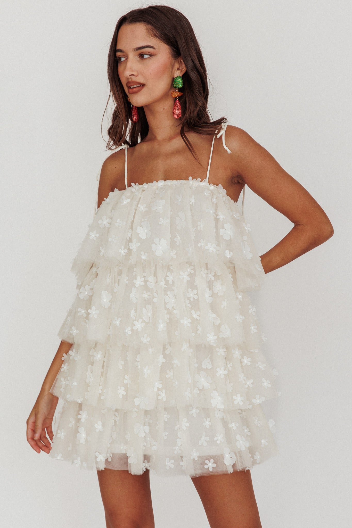 Tomorrow Tiered Ruffle Mini Dress Cream-Maymioy