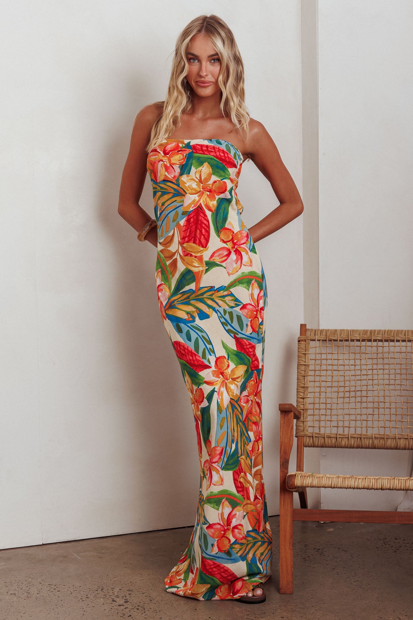 Bird Of Paradise Tied Cowl Back Maxi Dress Botanical-Maymioy