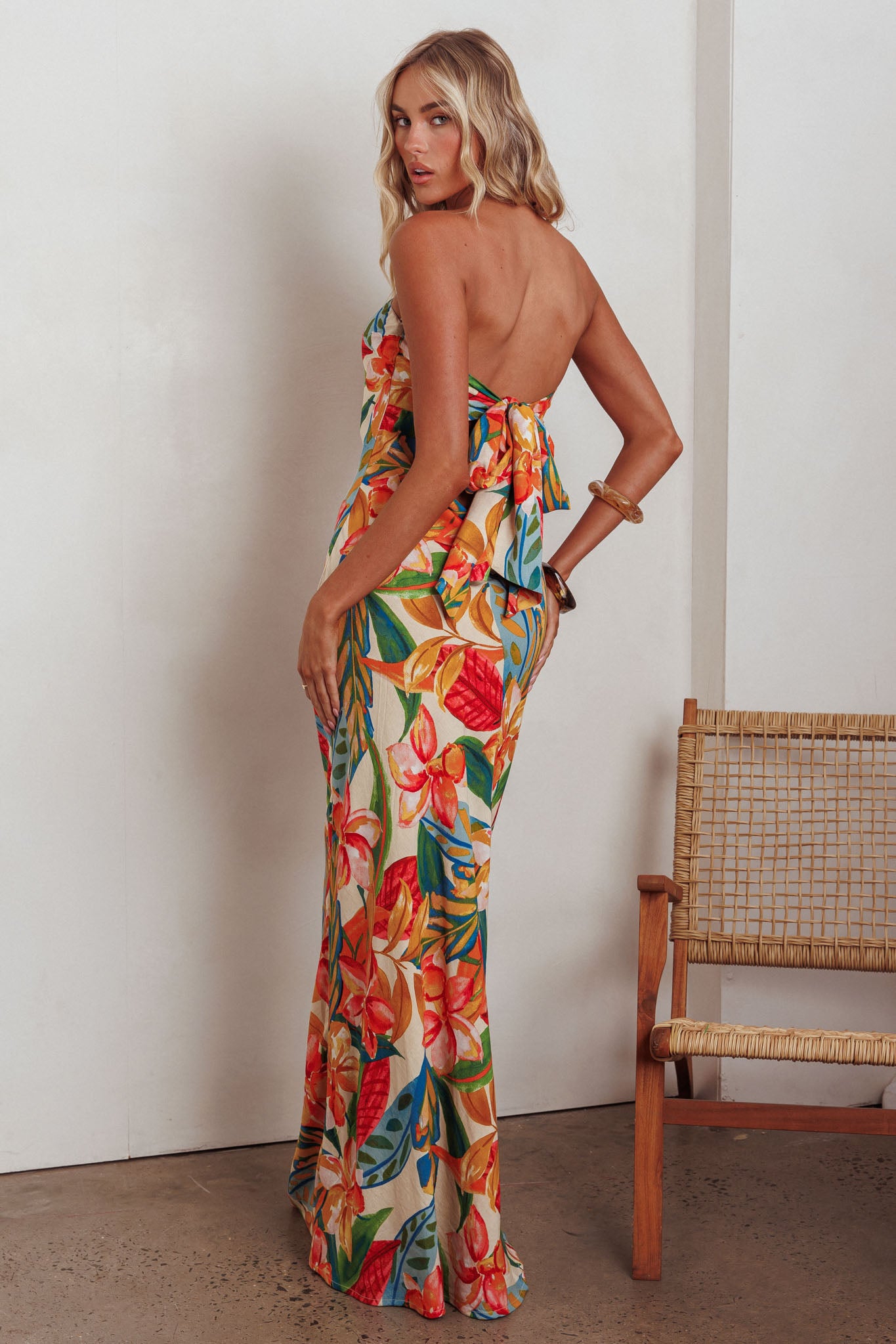 Bird Of Paradise Tied Cowl Back Maxi Dress Botanical-Maymioy