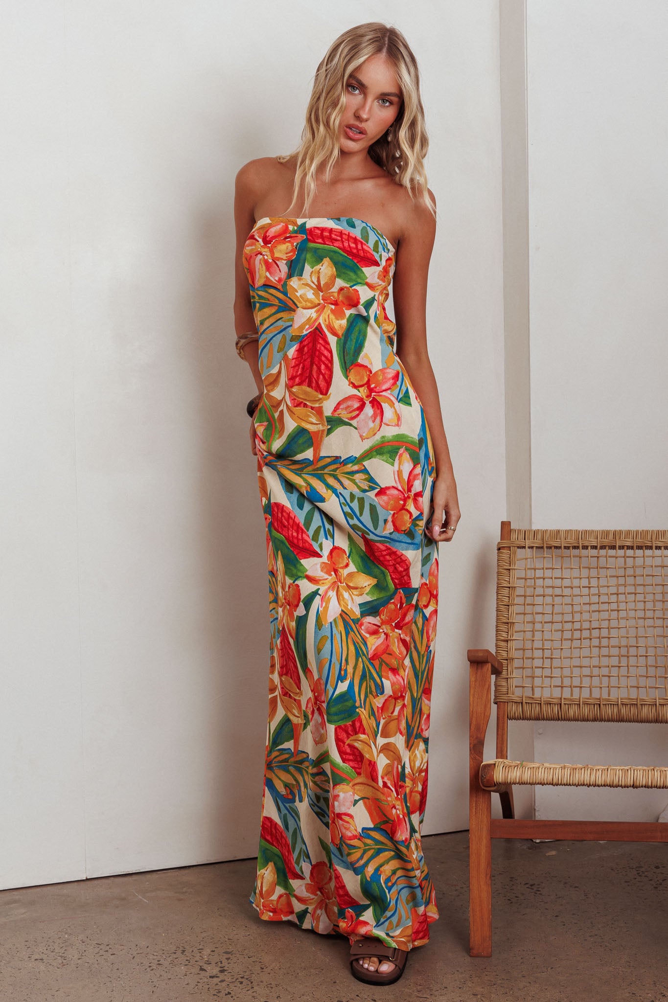 Bird Of Paradise Tied Cowl Back Maxi Dress Botanical-Maymioy
