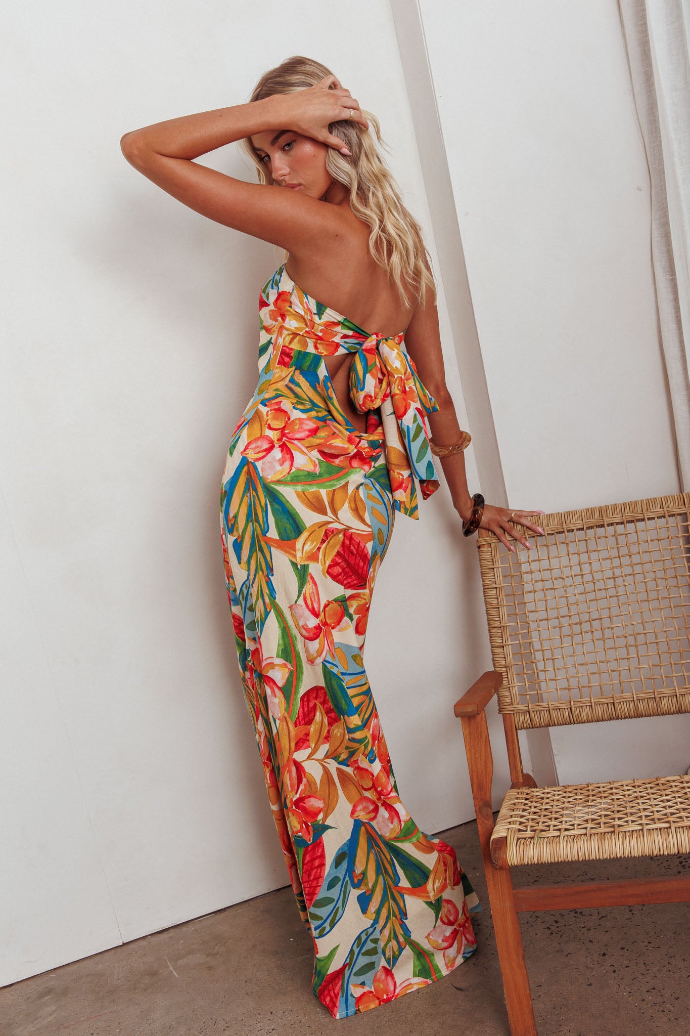 Bird Of Paradise Tied Cowl Back Maxi Dress Botanical-Maymioy