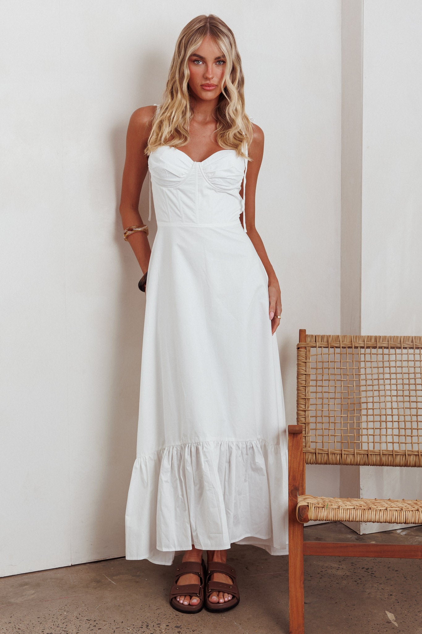 Anntonia Tied Shoulder Maxi Dress White-Maymioy