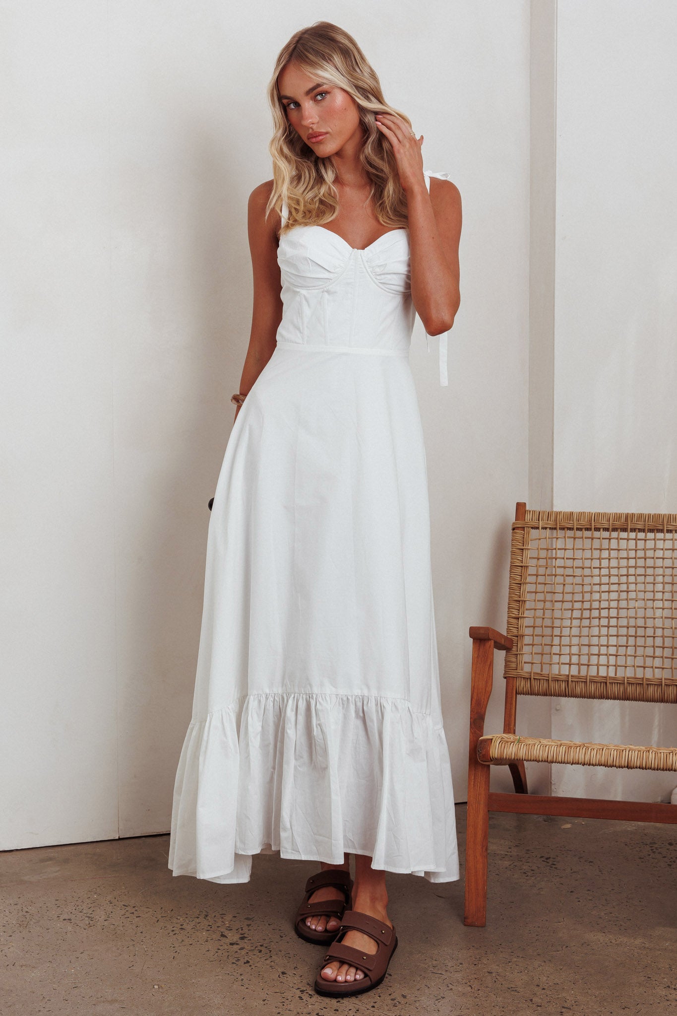 Anntonia Tied Shoulder Maxi Dress White-Maymioy