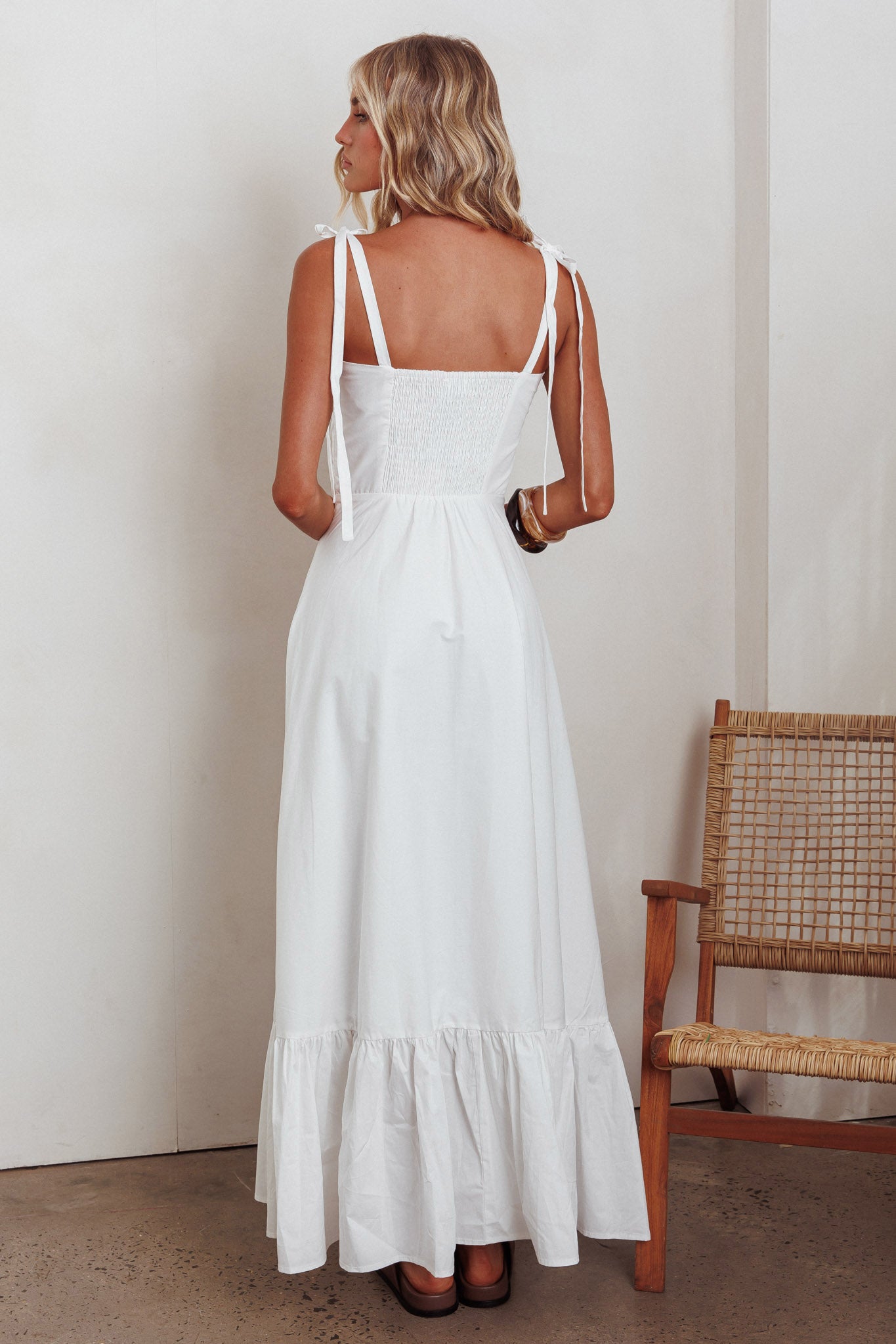 Anntonia Tied Shoulder Maxi Dress White-Maymioy