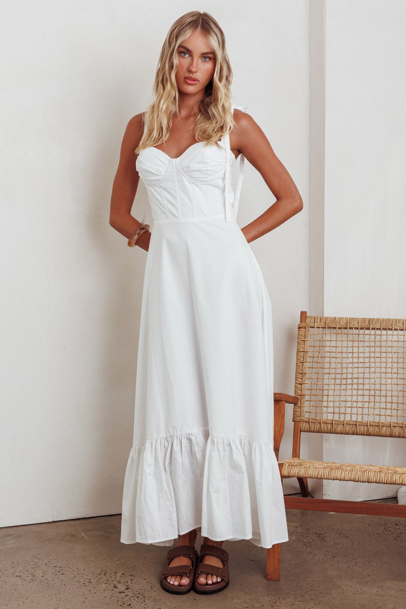 Anntonia Tied Shoulder Maxi Dress White-Maymioy