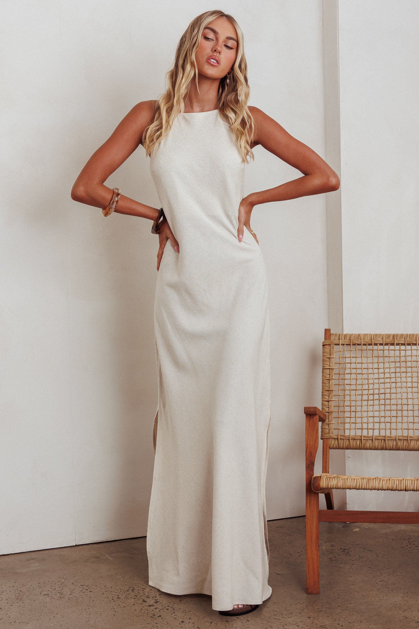 Gracie Halter Tied Back Maxi Dress Oatmeal-Maymioy