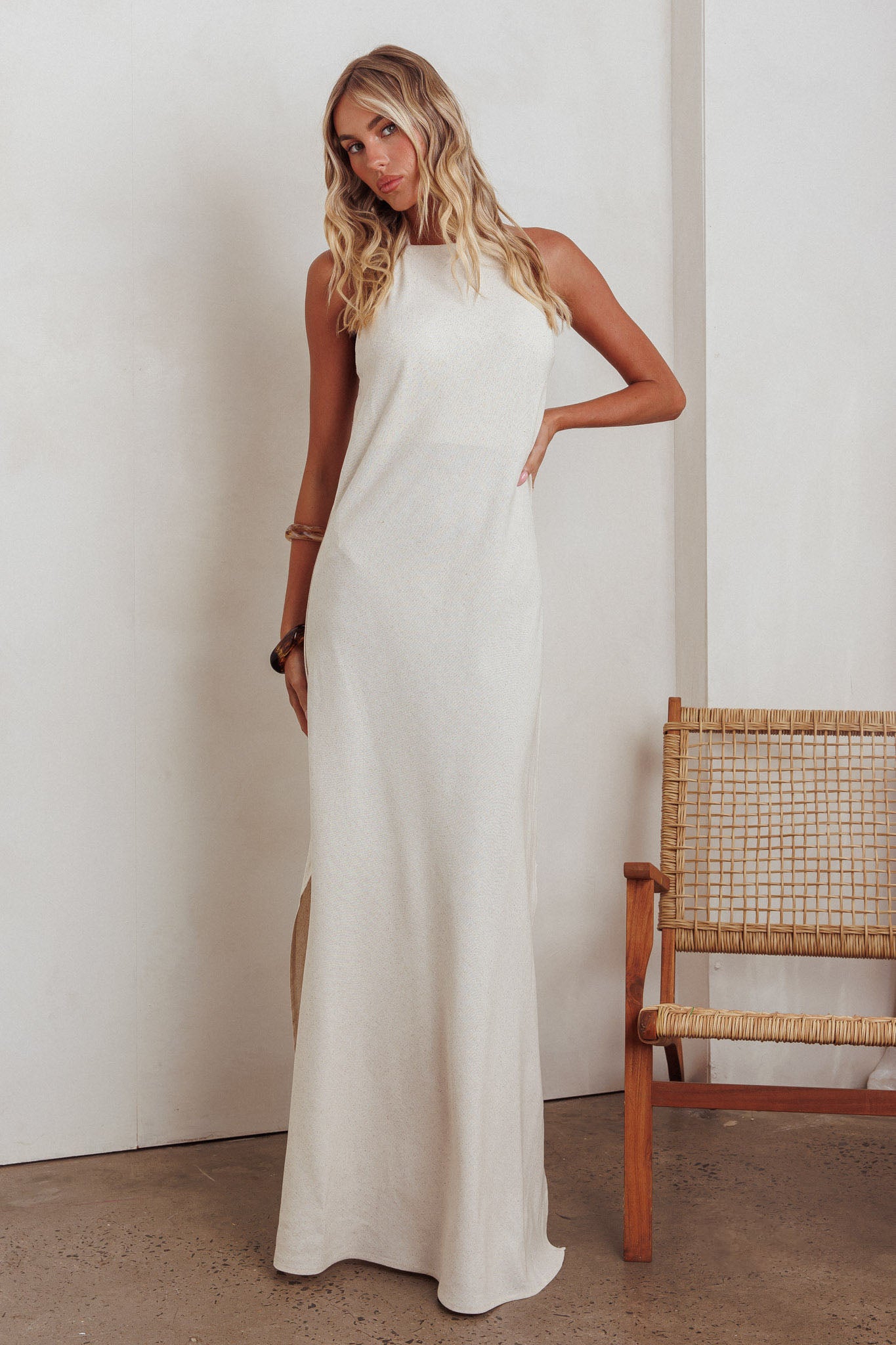 Gracie Halter Tied Back Maxi Dress Oatmeal-Maymioy
