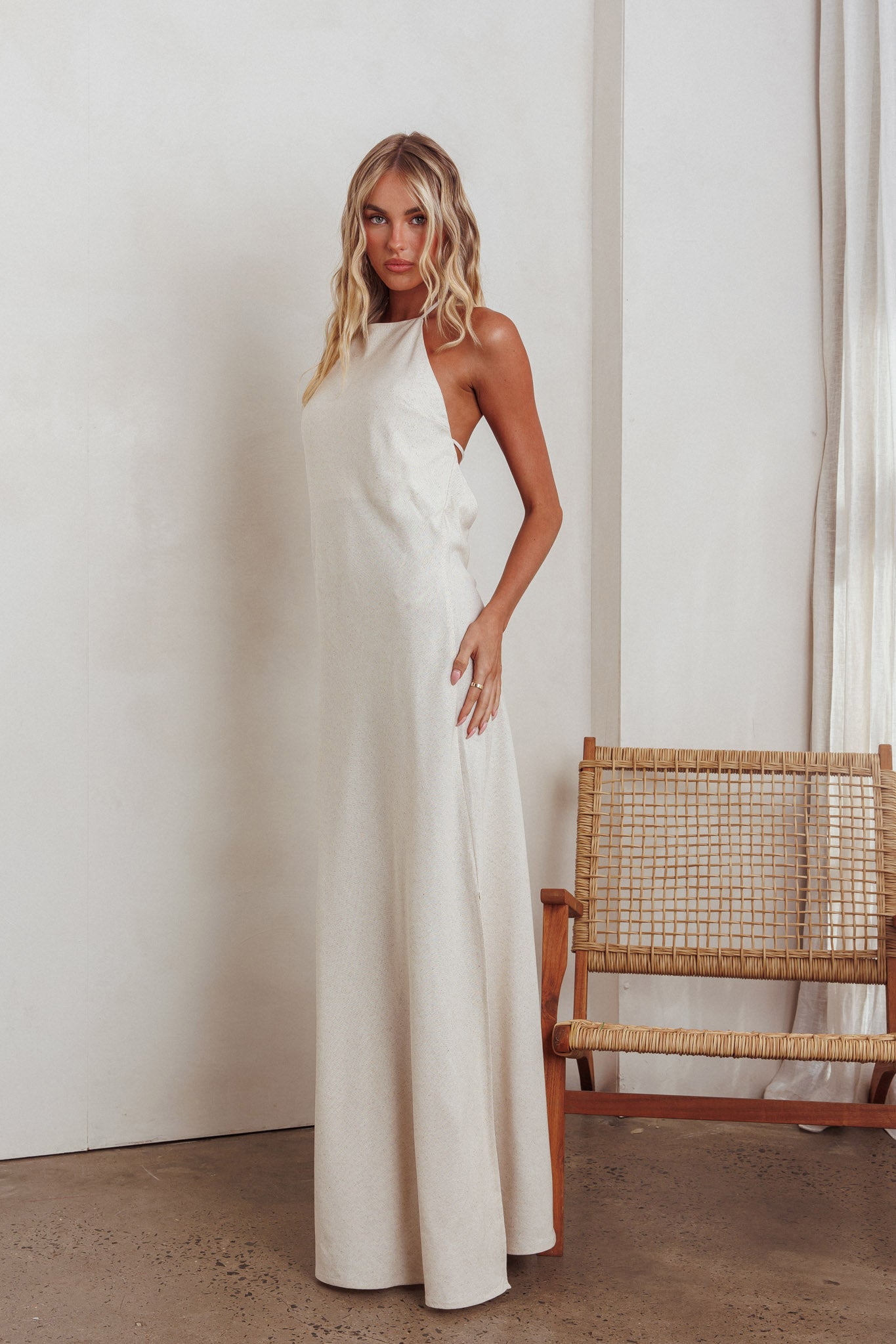 Gracie Halter Tied Back Maxi Dress Oatmeal-Maymioy